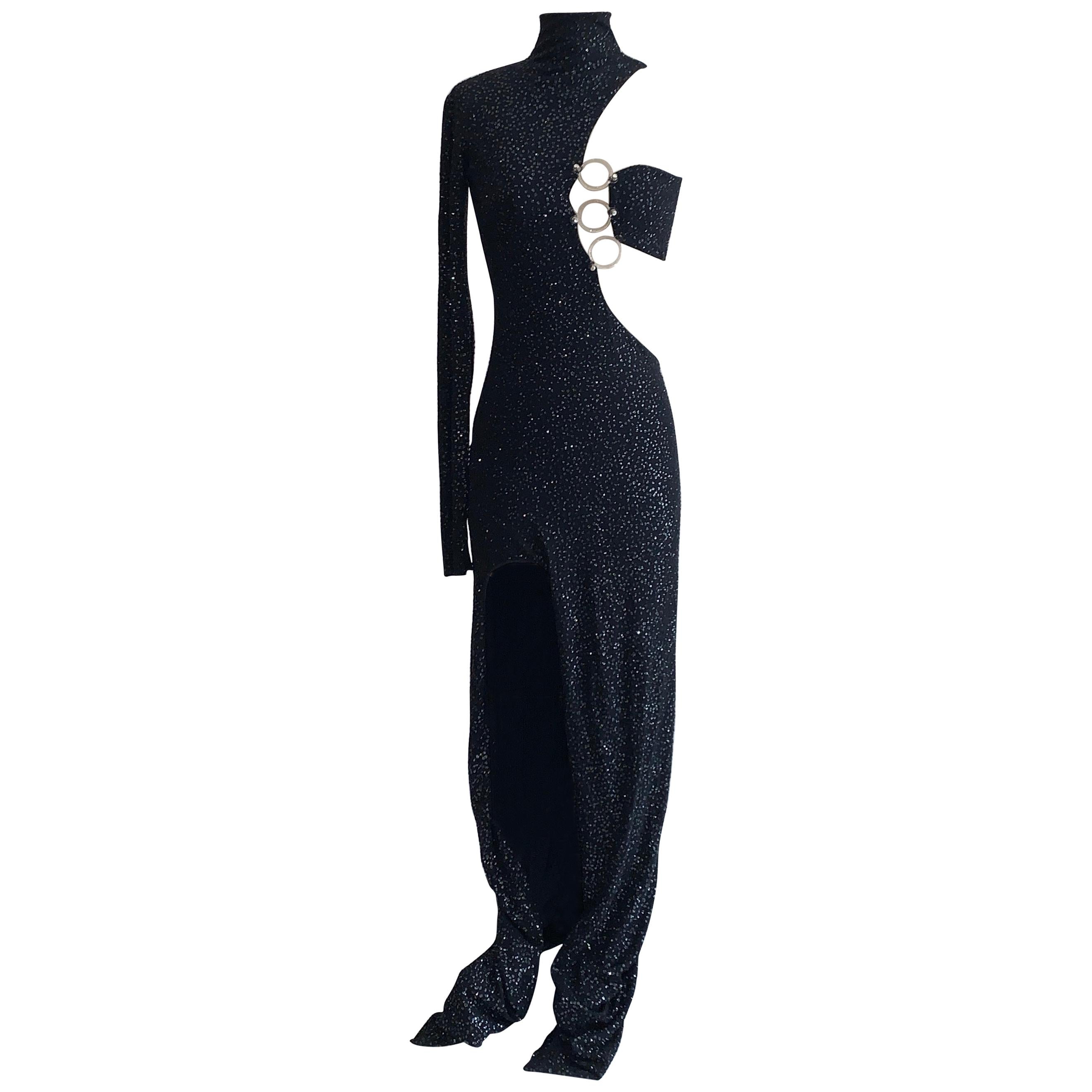 Ebony Fashion Fair 1990s Couture Black Glitter Cut Out Dress Clear Disc Detail