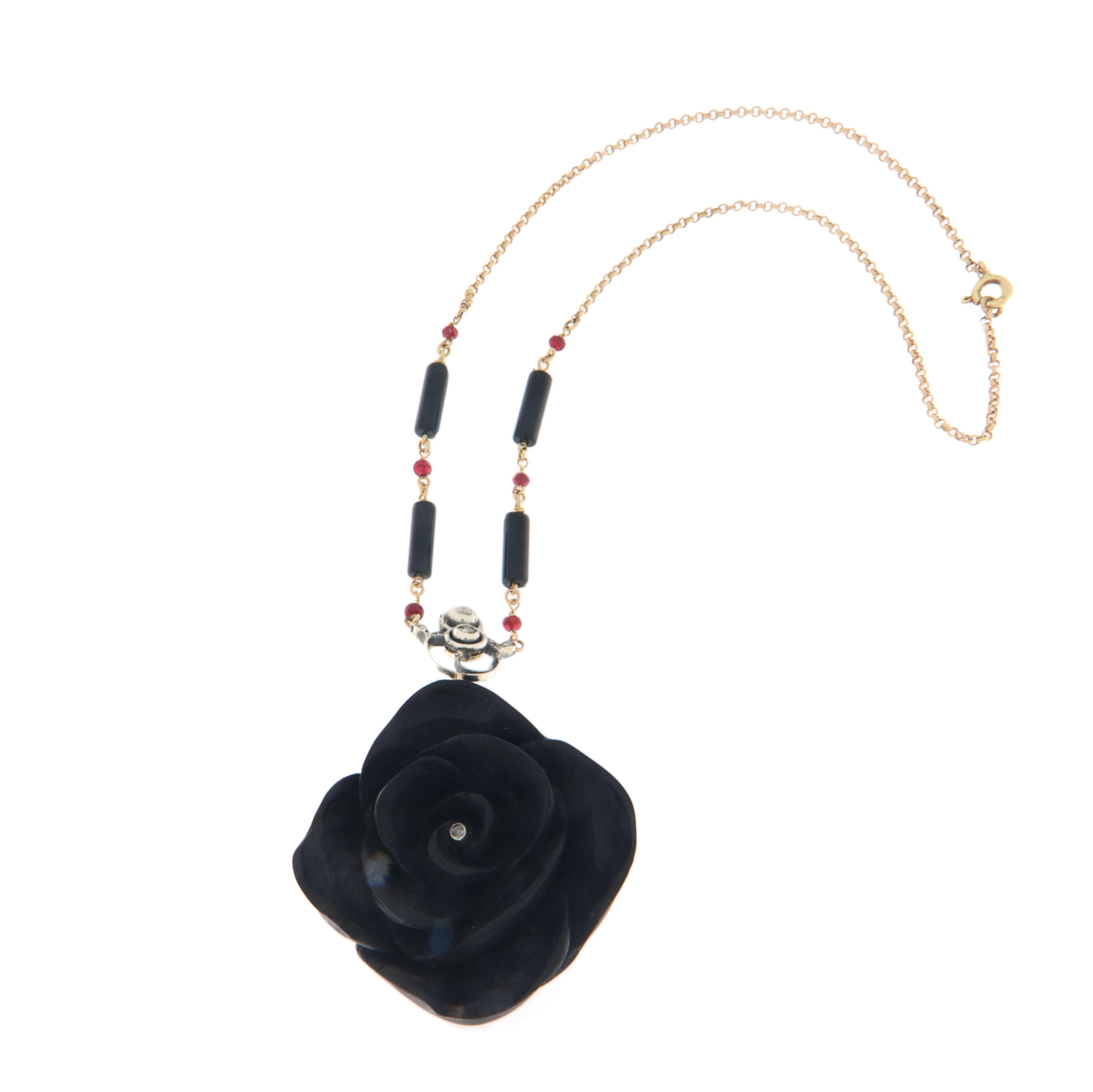 Artisan Ebony Flower Diamonds Onyx Rubies 14 Karat Yellow Gold Pendant Necklace For Sale