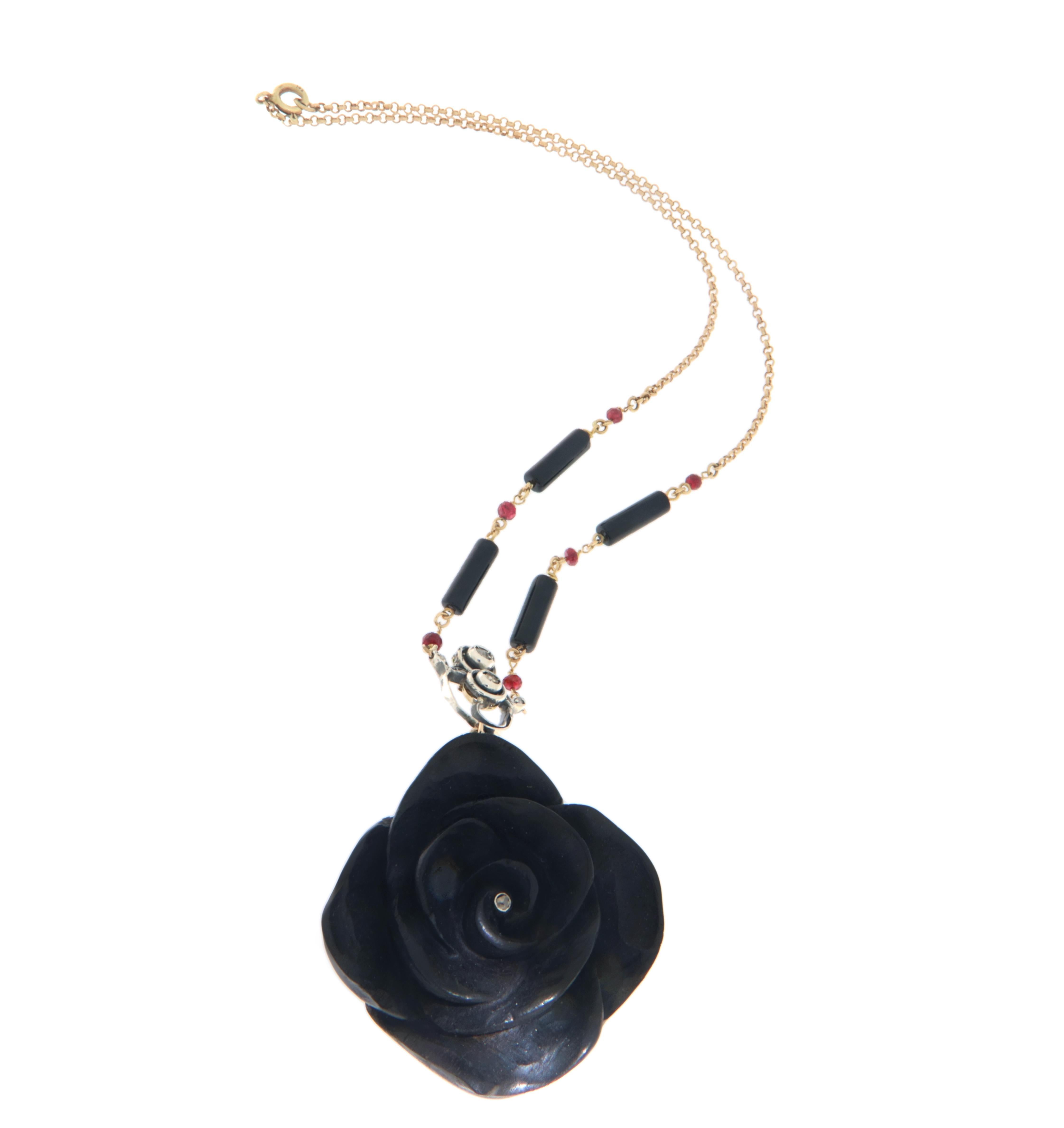 Uncut Ebony Flower Diamonds Onyx Rubies 14 Karat Yellow Gold Pendant Necklace For Sale