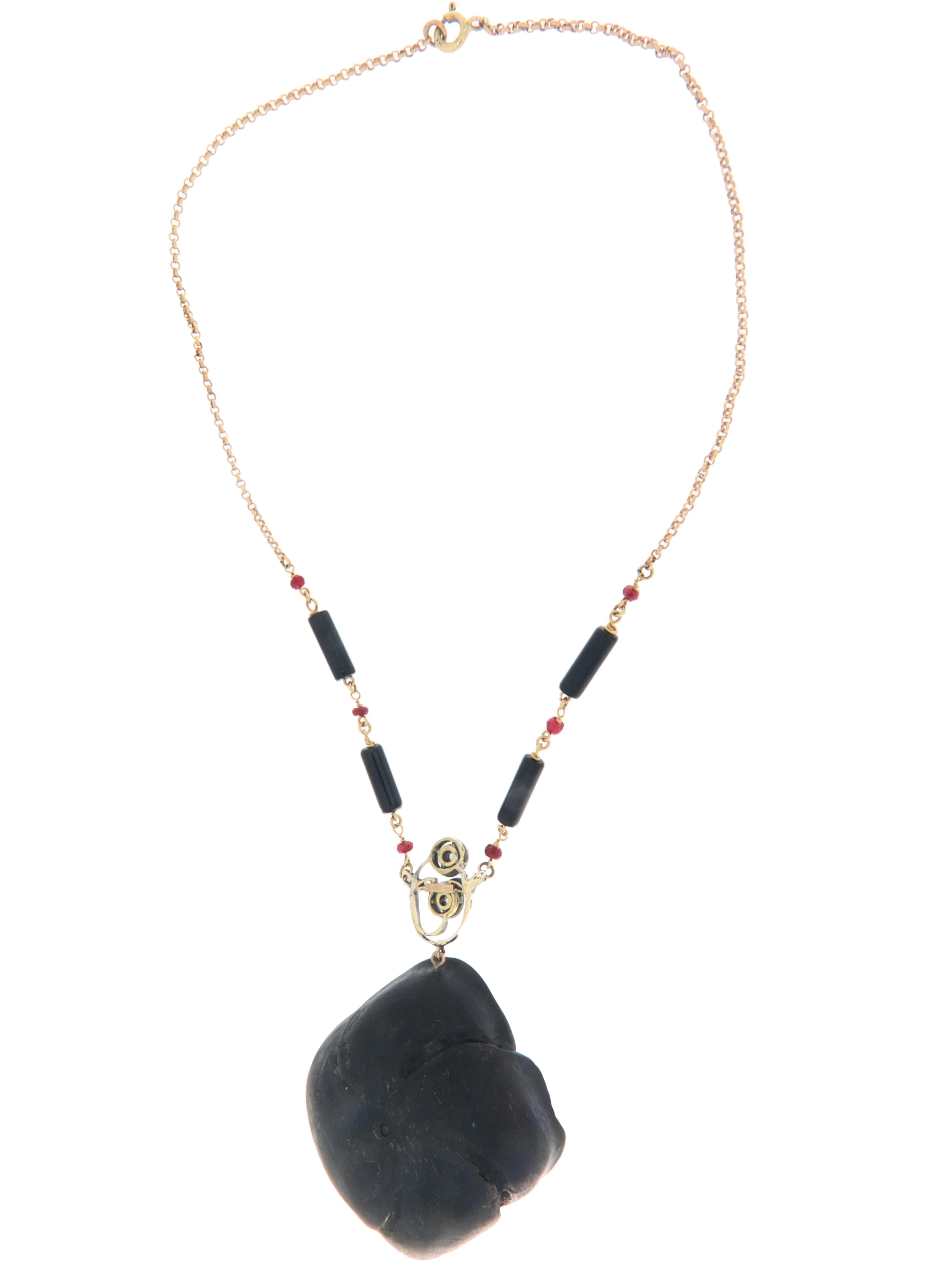 Women's or Men's Ebony Flower Diamonds Onyx Rubies 14 Karat Yellow Gold Pendant Necklace For Sale