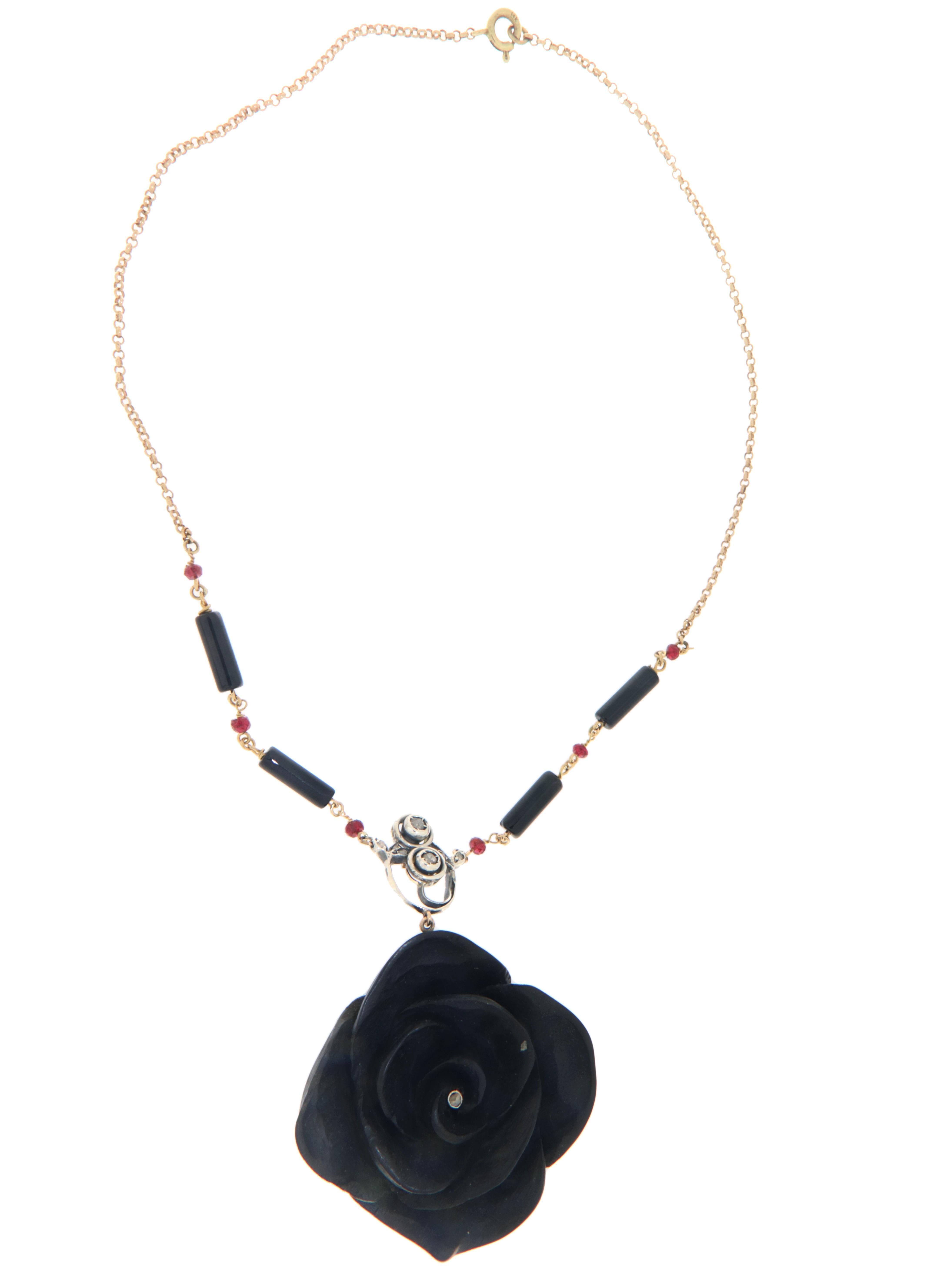 Ebony Flower Diamonds Onyx Rubies 14 Karat Yellow Gold Pendant Necklace For Sale 1