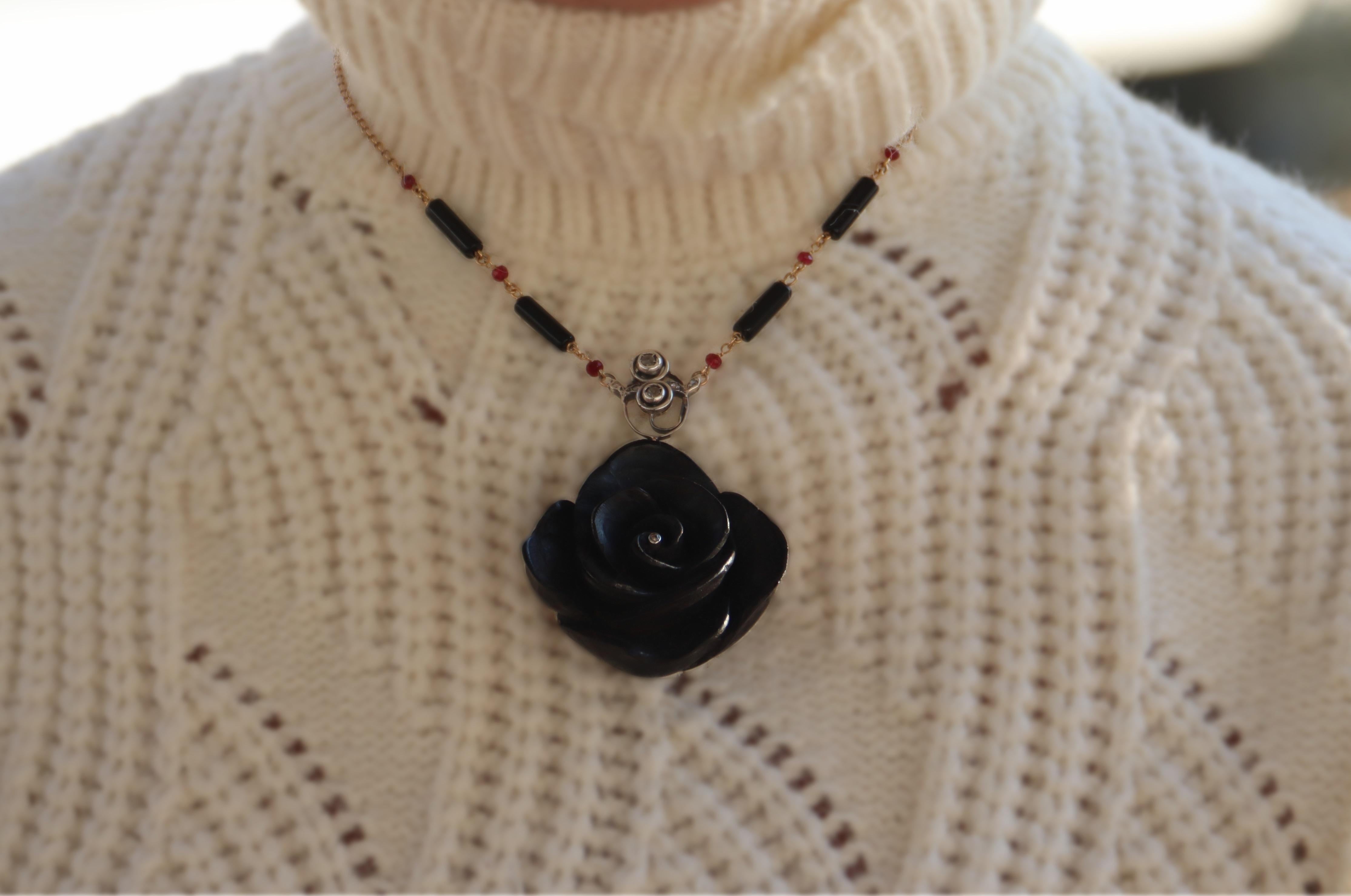 Ebony Flower Diamonds Onyx Rubies 14 Karat Yellow Gold Pendant Necklace For Sale 2