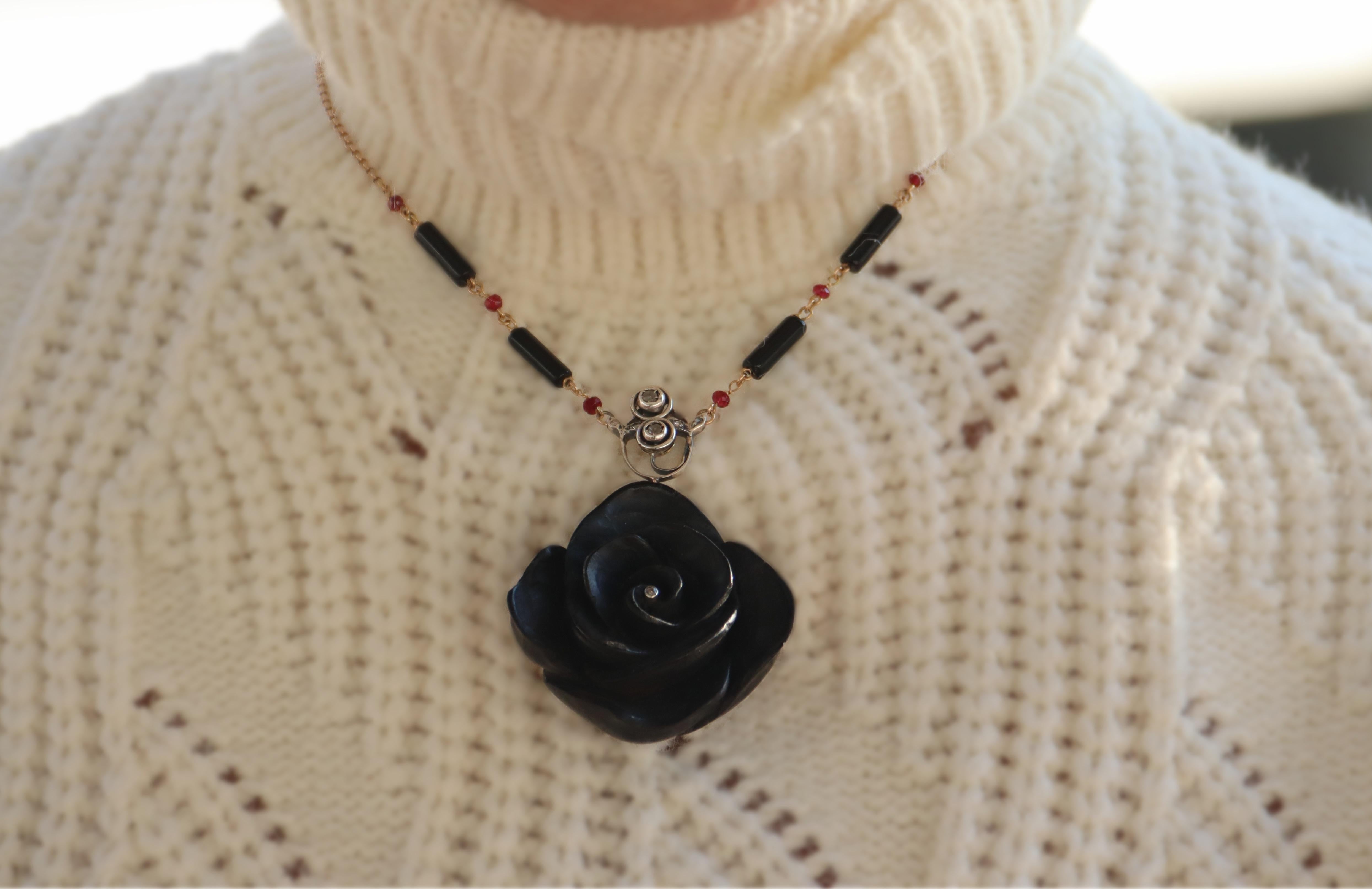 Ebony Flower Diamonds Onyx Rubies 14 Karat Yellow Gold Pendant Necklace For Sale 3