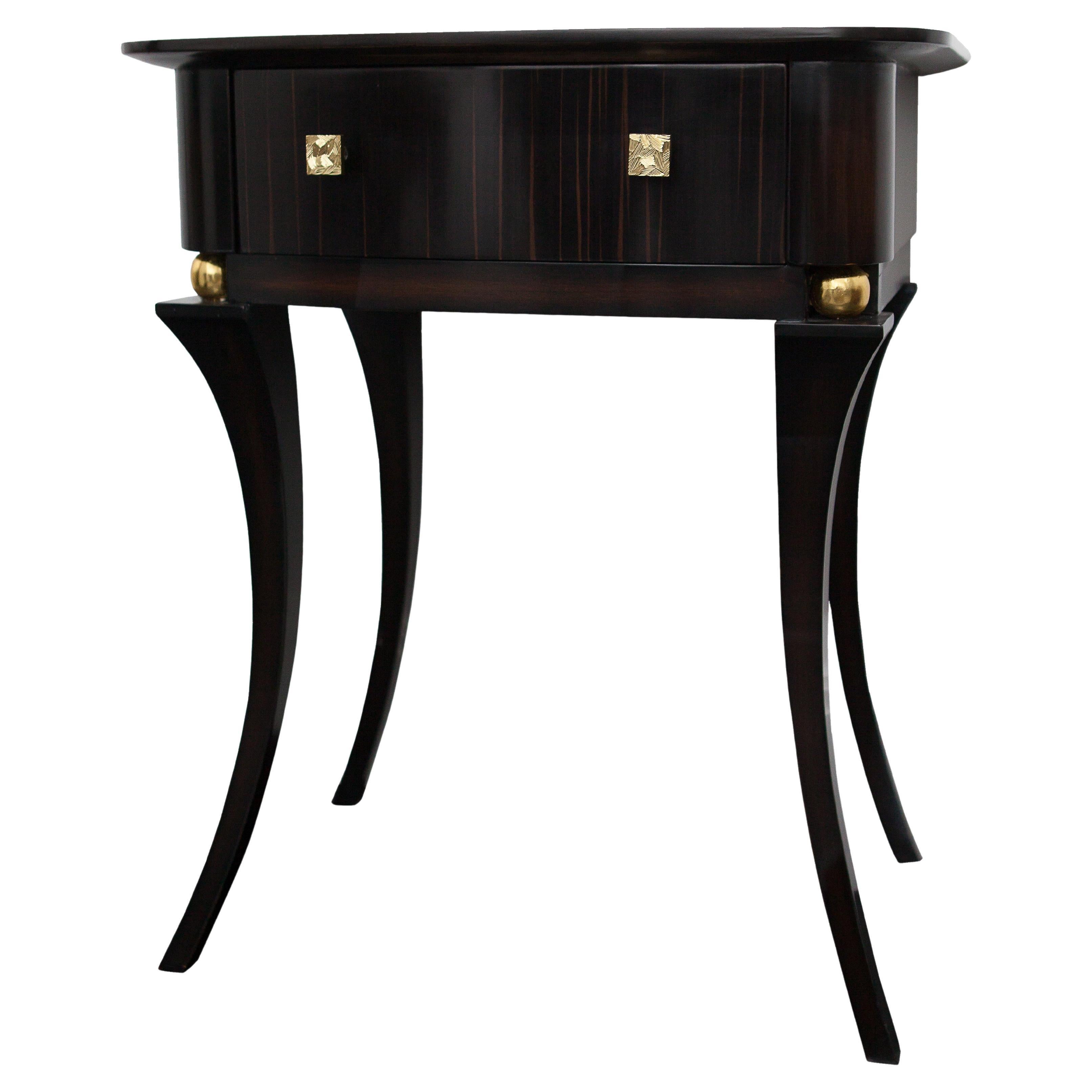 Ebony Gloss Finishing Side Table with a Drawer Gold Leaf Decoration