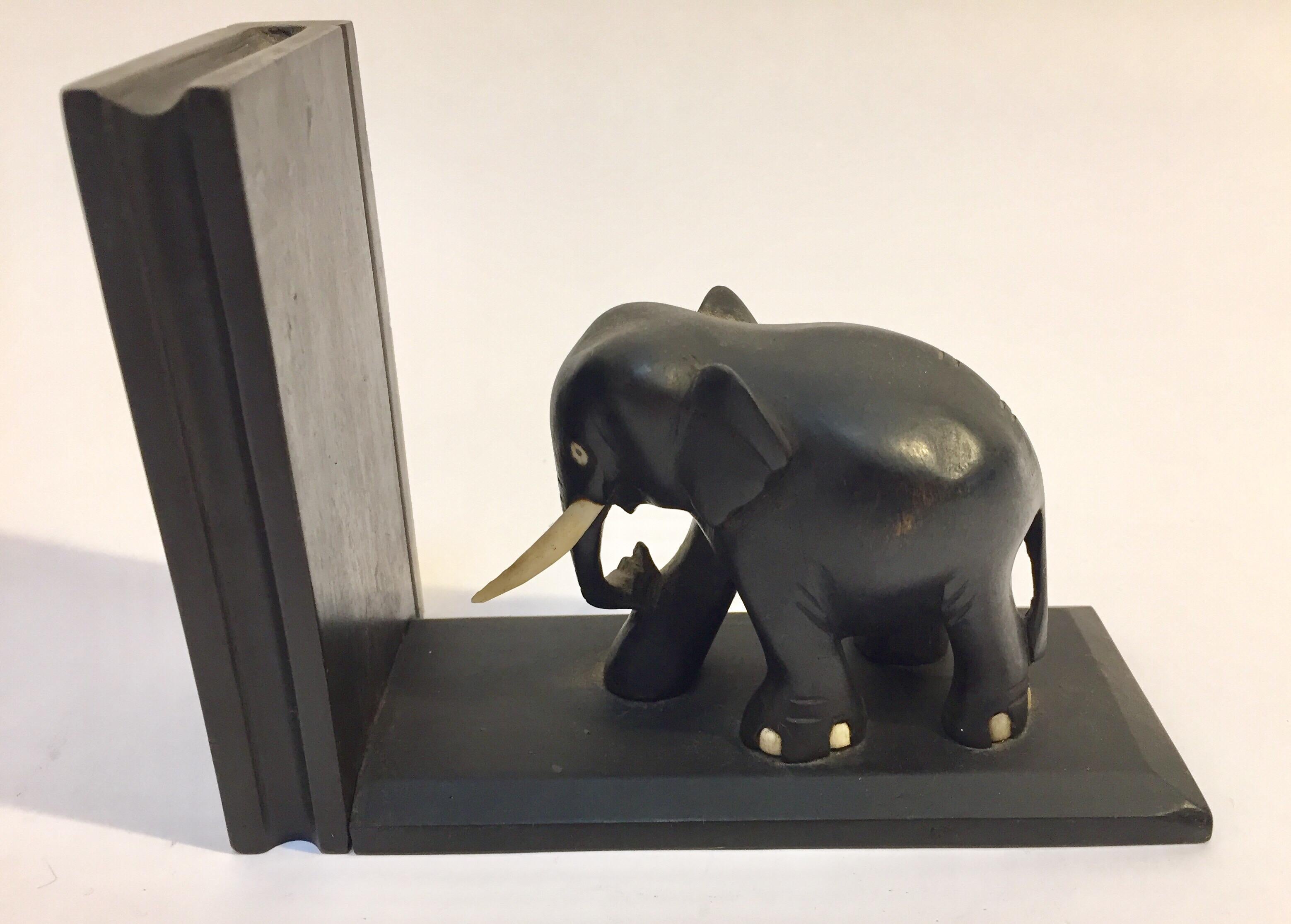 20th Century Ebony Hand Carved Wooden Elephant Bookends