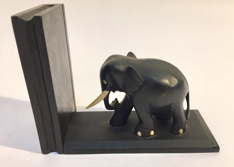 Ebony Hand Carved Wooden Elephant Bookends For Sale at 1stDibs