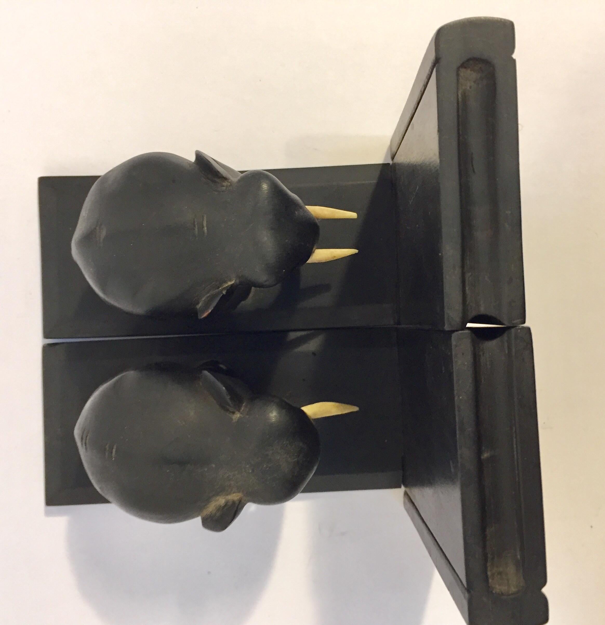 Ebony Hand Carved Wooden Elephant Bookends 1