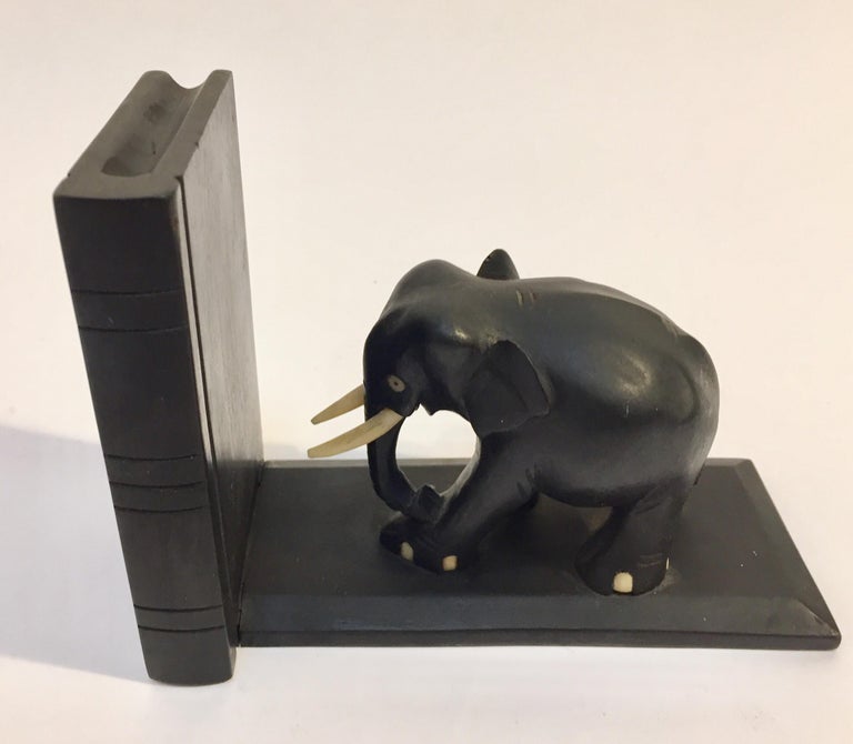 Ebony Hand Carved Wooden Elephant Bookends For Sale at 1stDibs