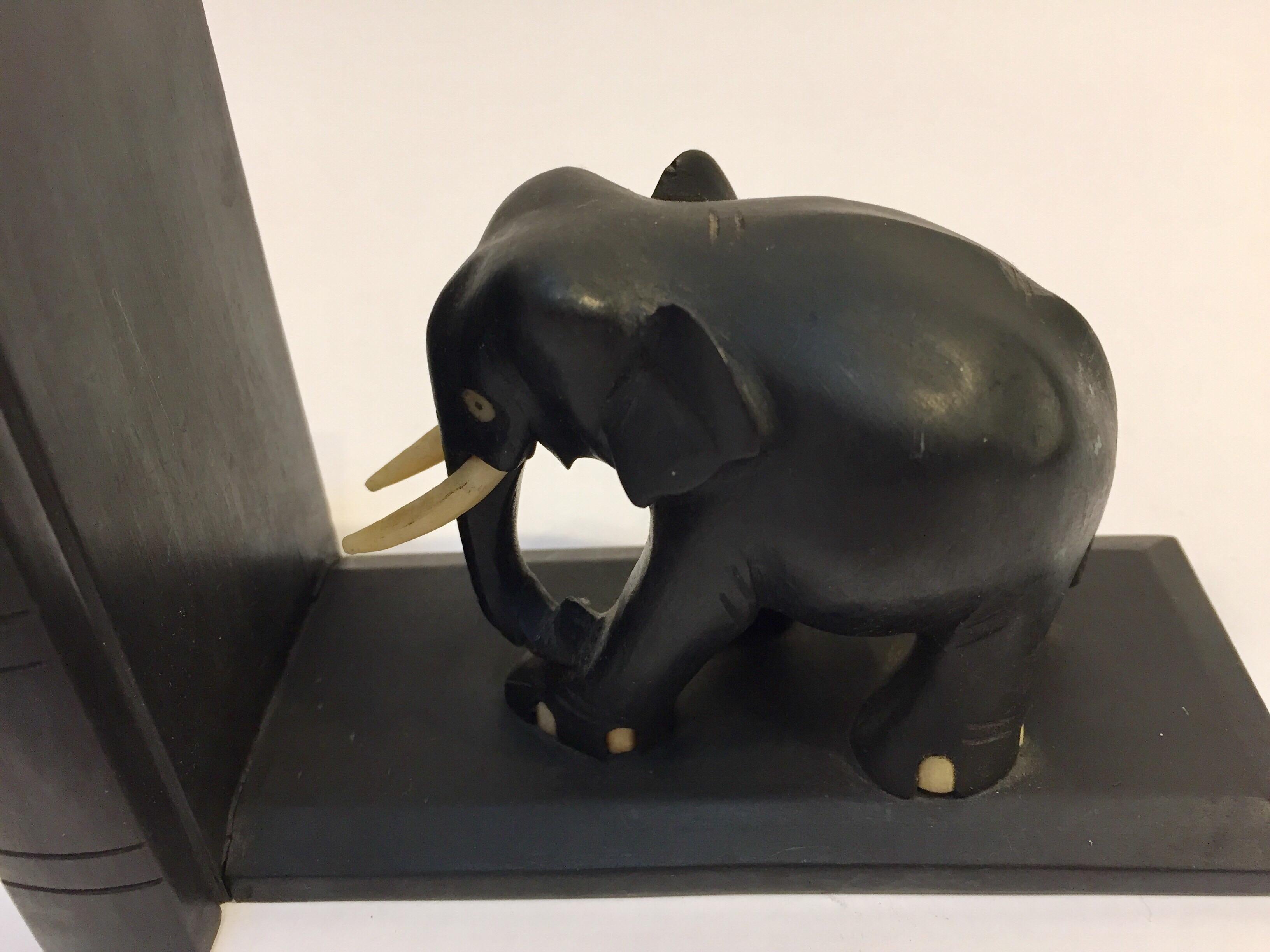 Ebony Hand Carved Wooden Elephant Bookends 4