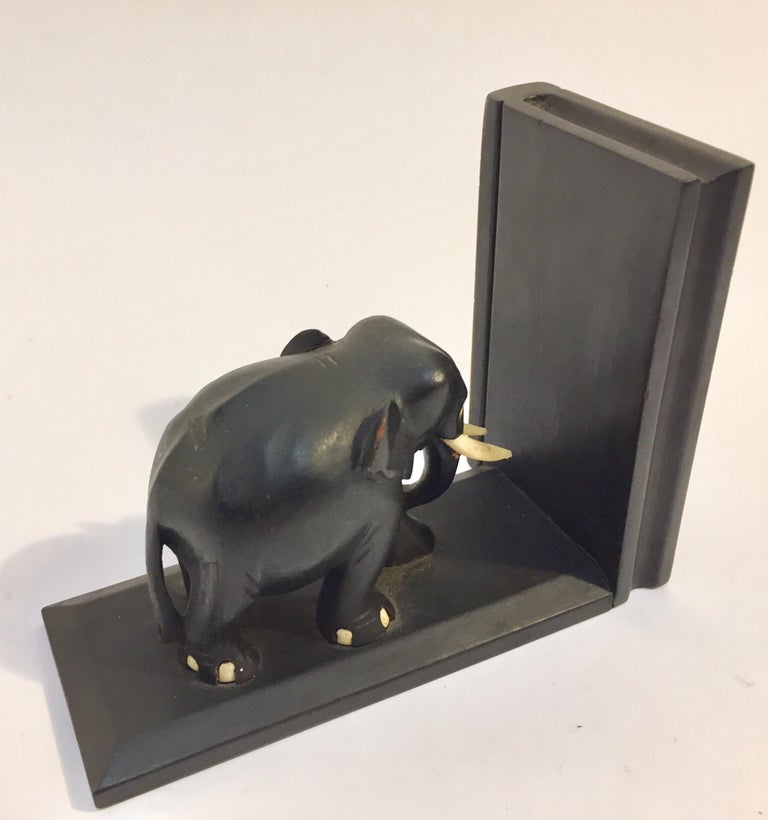 Ebony Hand Carved Wooden Elephant Bookends For Sale at 1stDibs