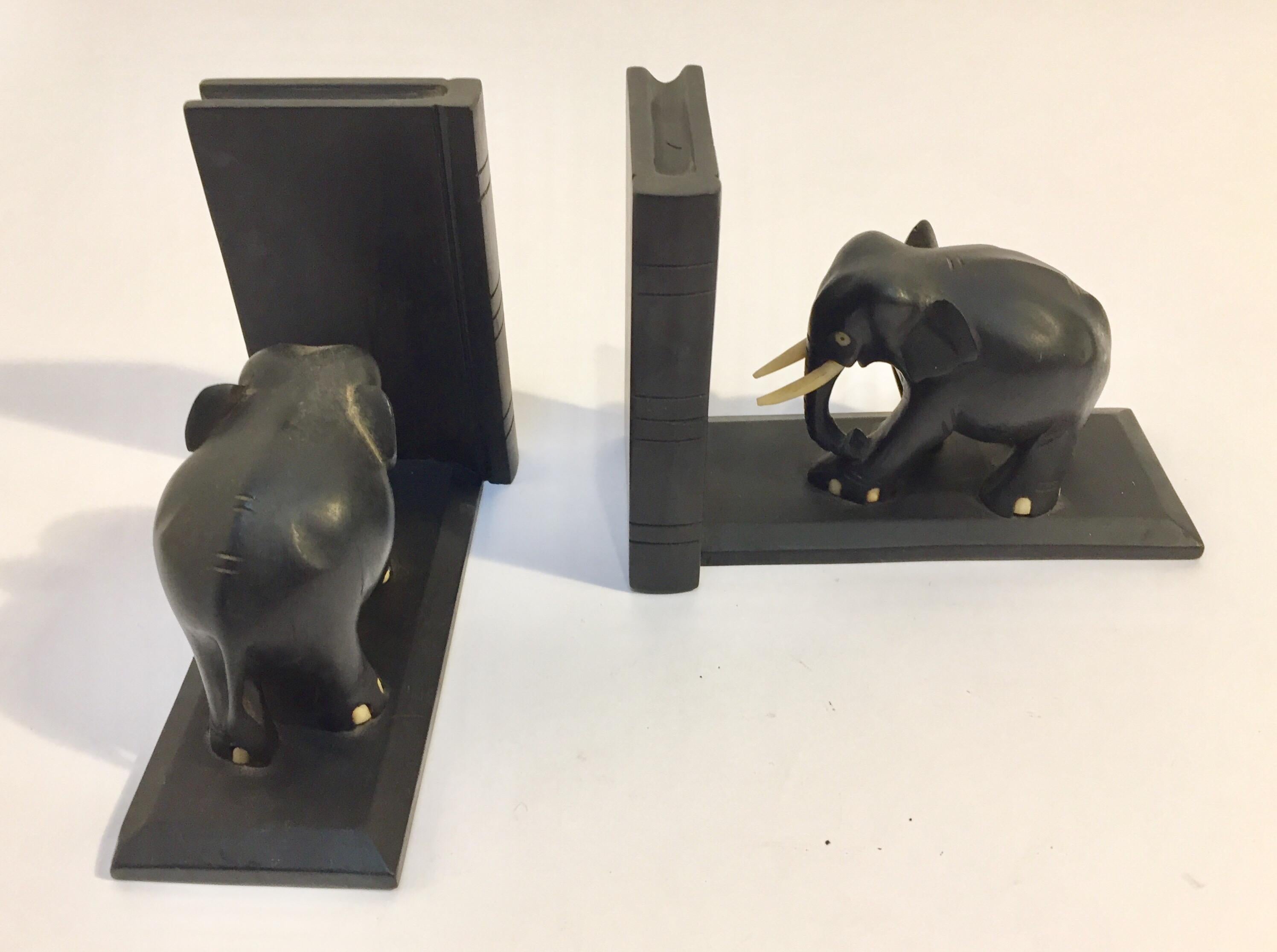 Anglo Raj Ebony Hand Carved Wooden Elephant Bookends