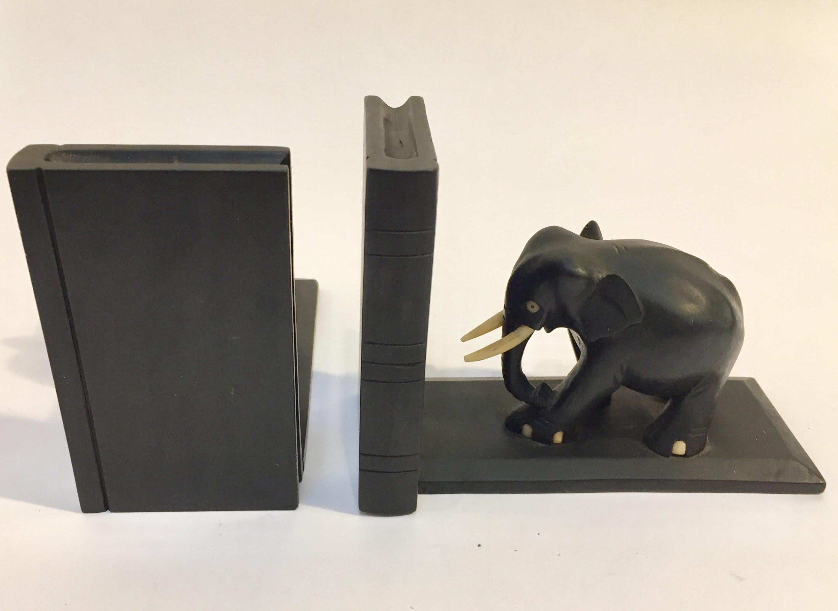 Indian Ebony Hand Carved Wooden Elephant Bookends