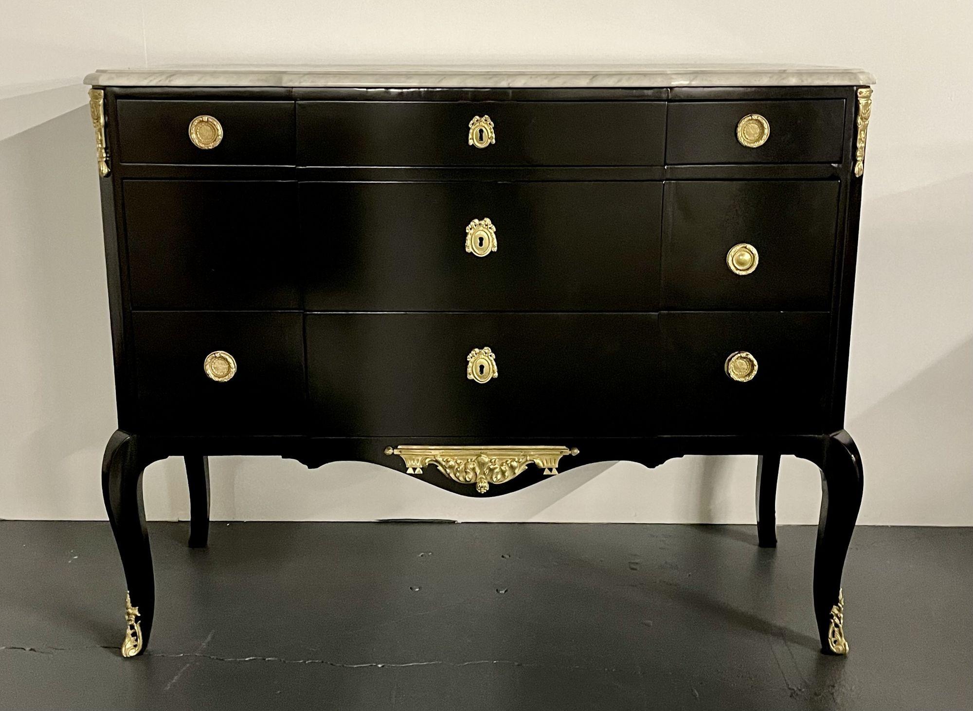 French Ebony Hollywood Regency Bronze Mounted Commode, Sideboard, Chest, Marble Top For Sale