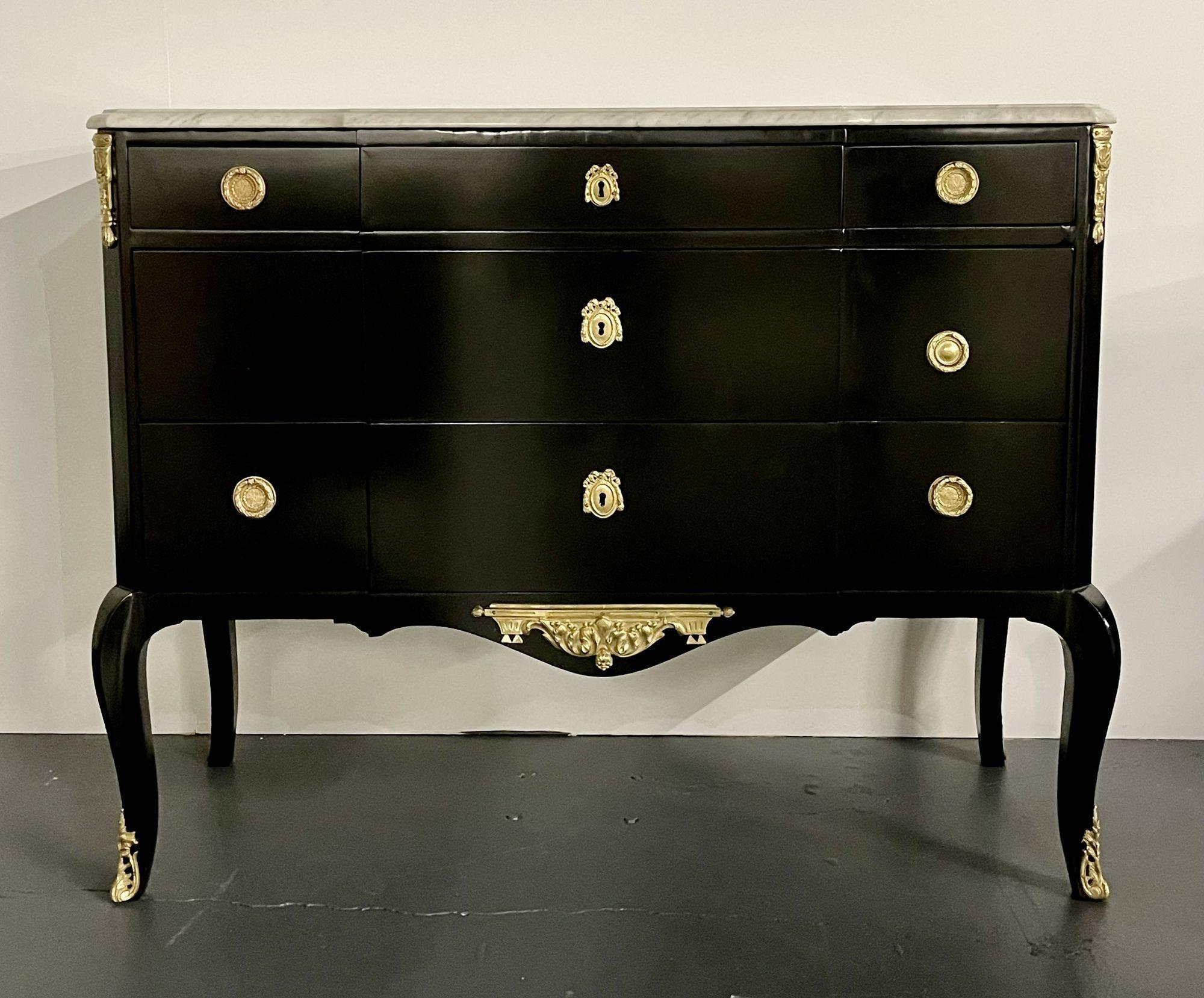 Ebony Hollywood Regency Bronze Mounted Commode, Sideboard, Chest, Marble Top In Good Condition For Sale In Stamford, CT