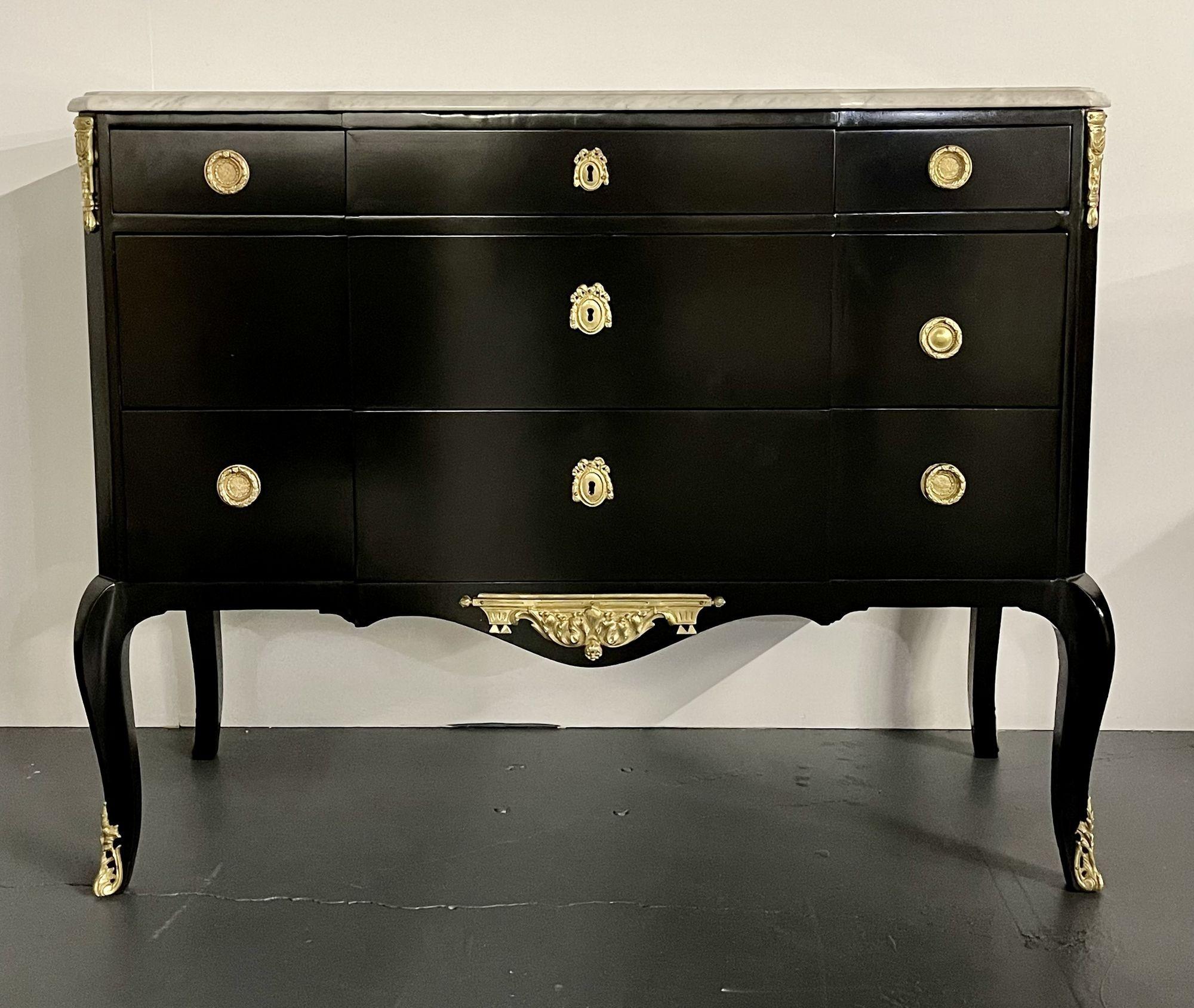 20th Century Ebony Hollywood Regency Bronze Mounted Commode, Sideboard, Chest, Marble Top For Sale