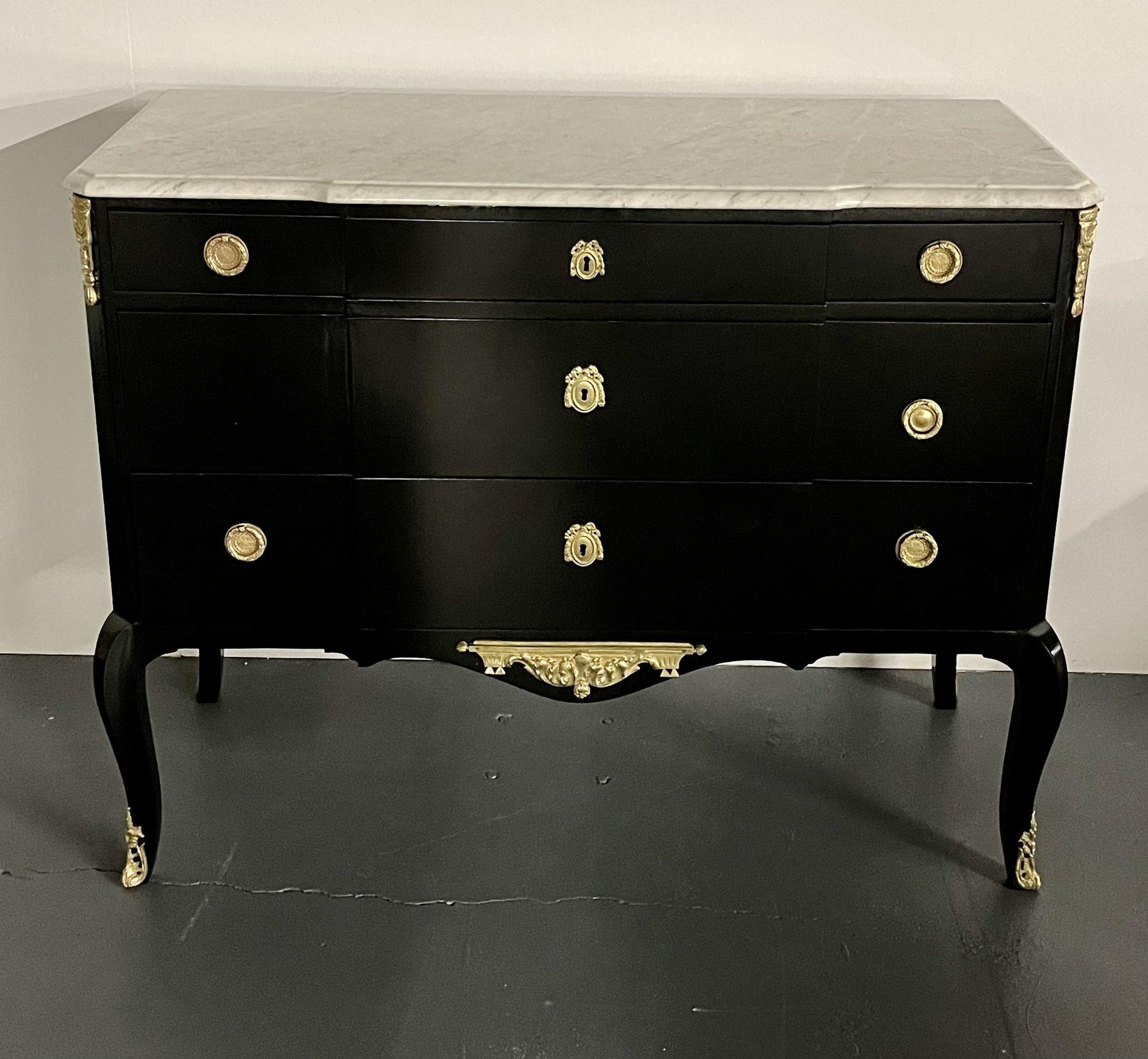 Ebony Hollywood Regency Bronze Mounted Commode, Sideboard, Chest, Marble Top For Sale 1