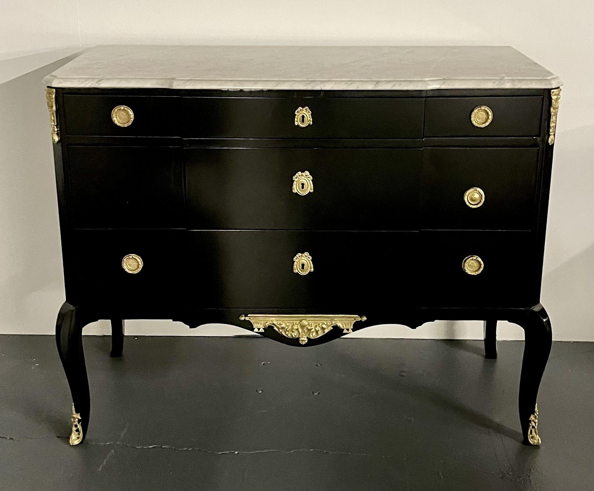 Ebony Hollywood Regency Bronze Mounted Commode, Sideboard, Chest, Marble Top For Sale 2