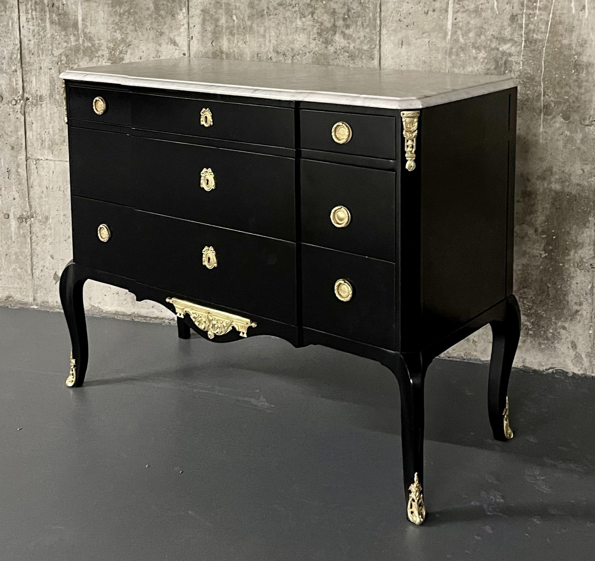 Ebony Hollywood Regency Bronze Mounted Commode, Sideboard, Chest, Marble Top For Sale 3