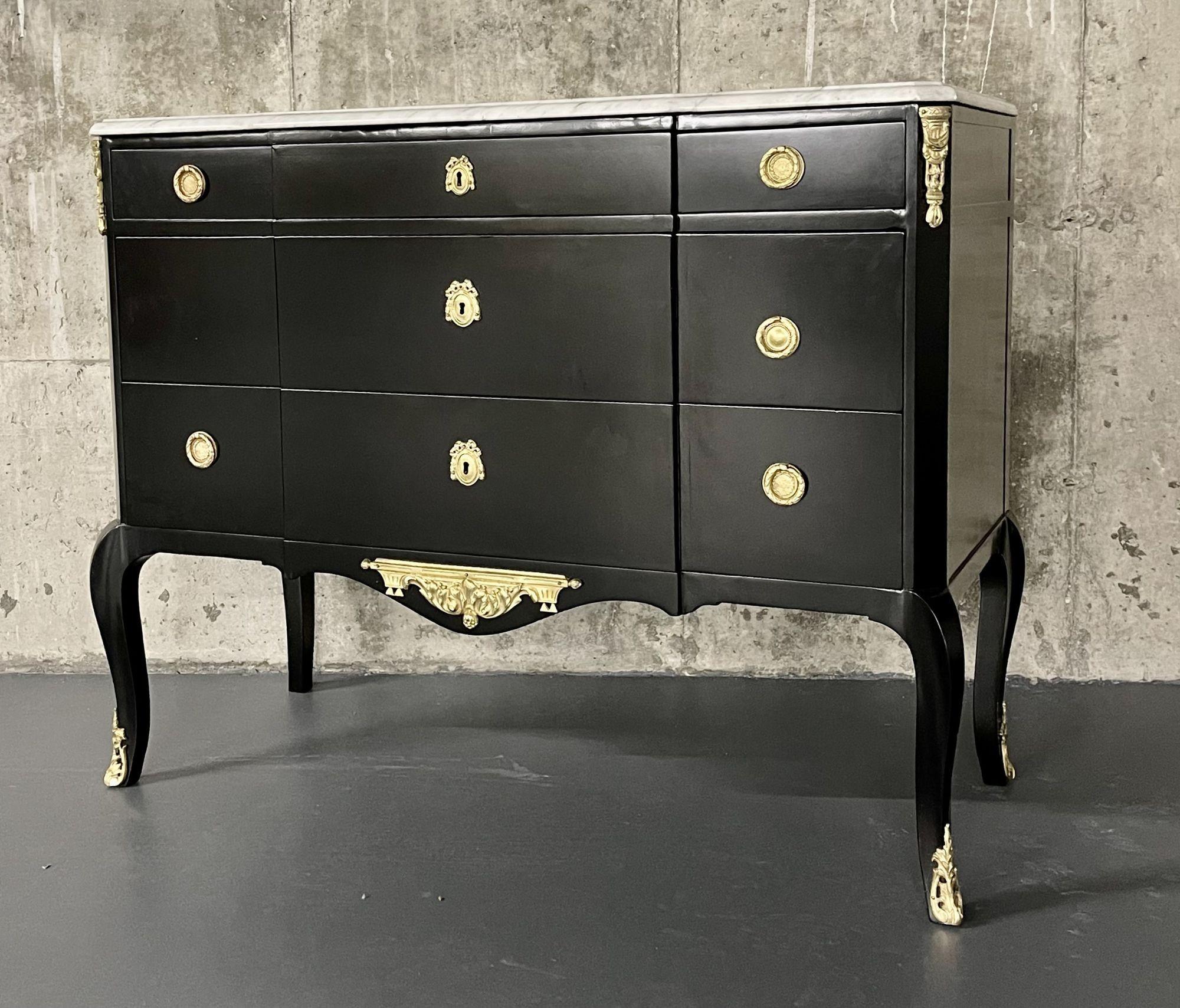 Ebony Hollywood Regency Bronze Mounted Commode, Sideboard, Chest, Marble Top For Sale 4