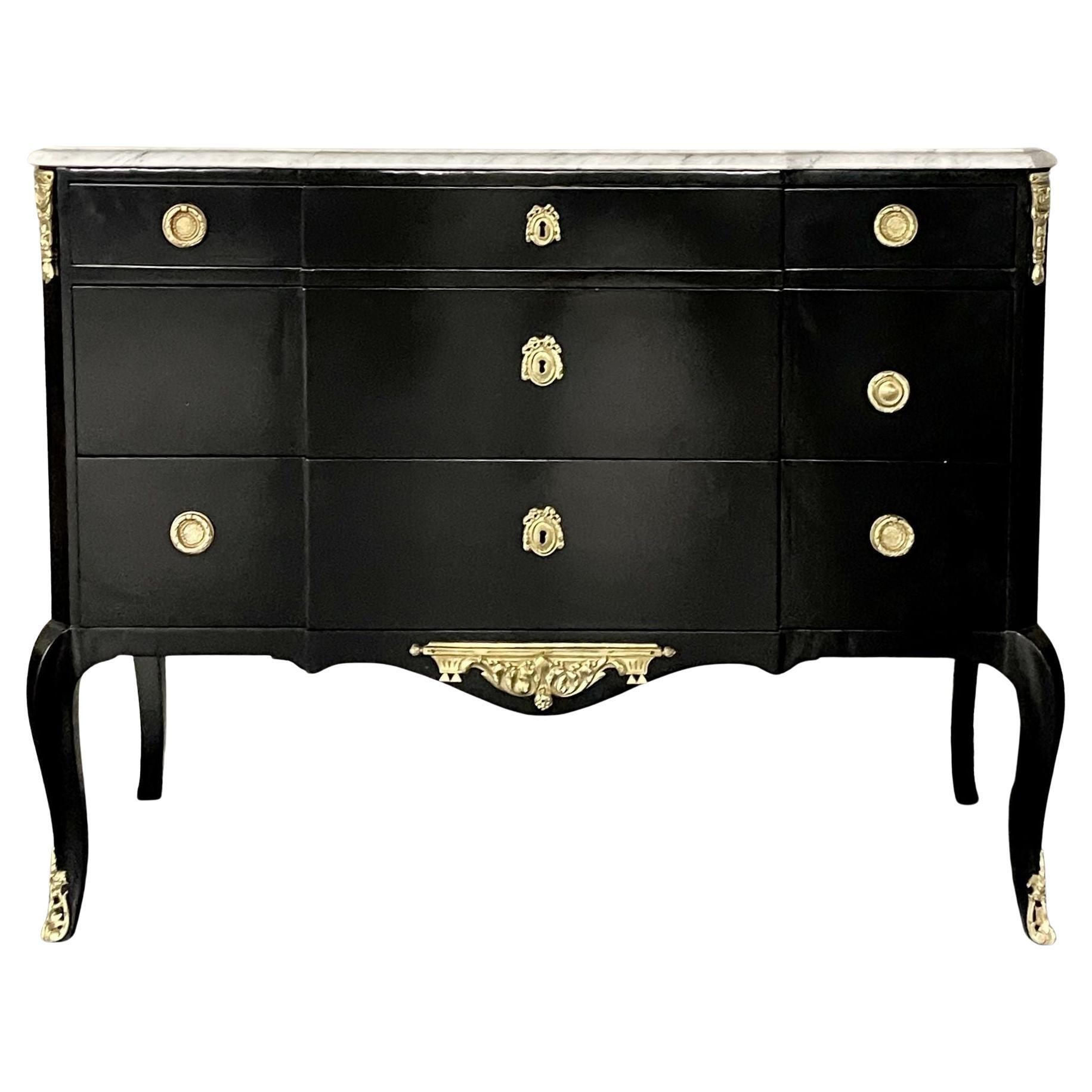 Ebony Hollywood Regency Bronze Mounted Commode, Sideboard, Chest, Marble Top