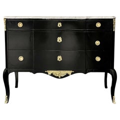 Antique Ebony Hollywood Regency Bronze Mounted Commode, Sideboard, Chest, Marble Top