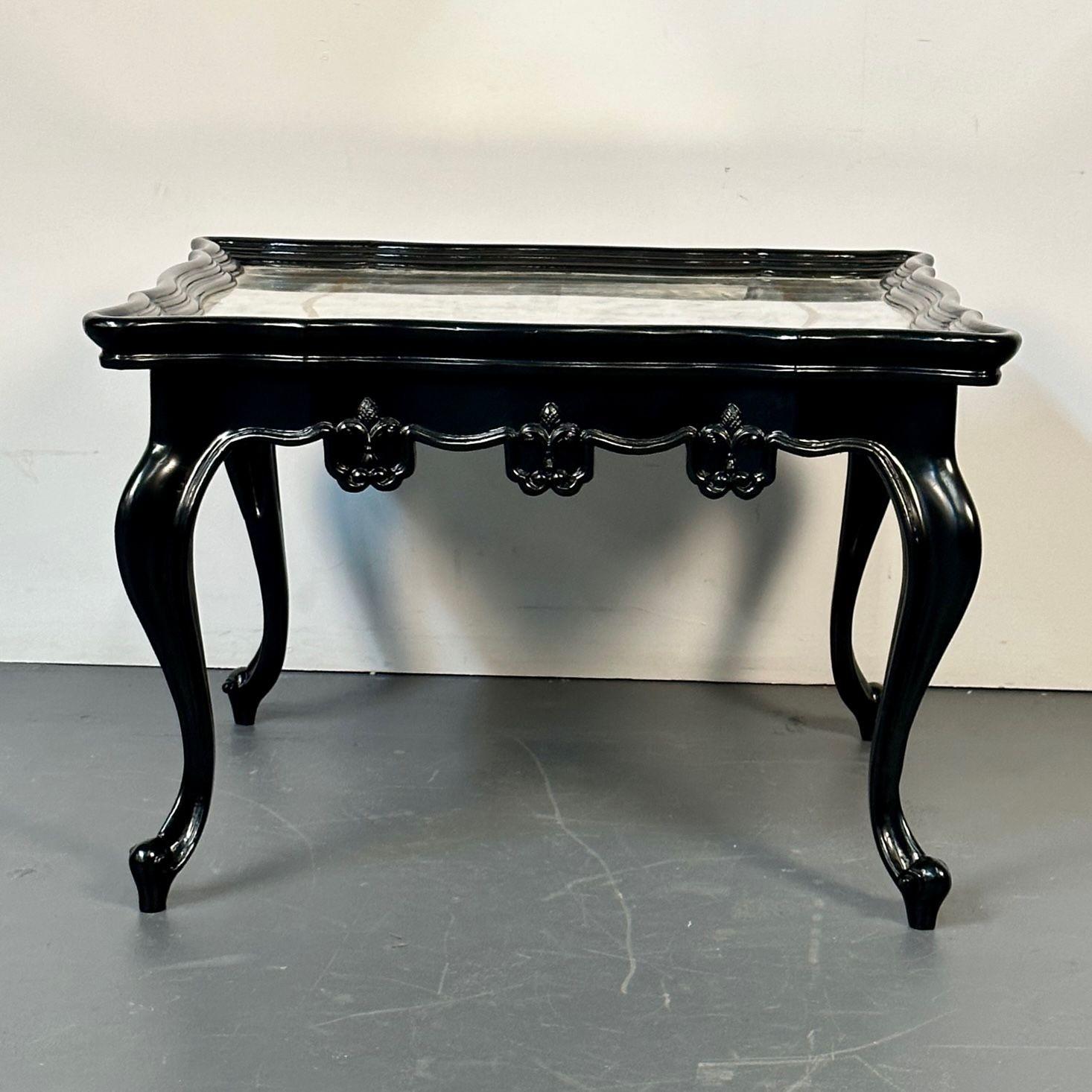 Ebony Hollywood Regency Coffee, Cocktail Table by John Richard, Eglomise Mirror 4