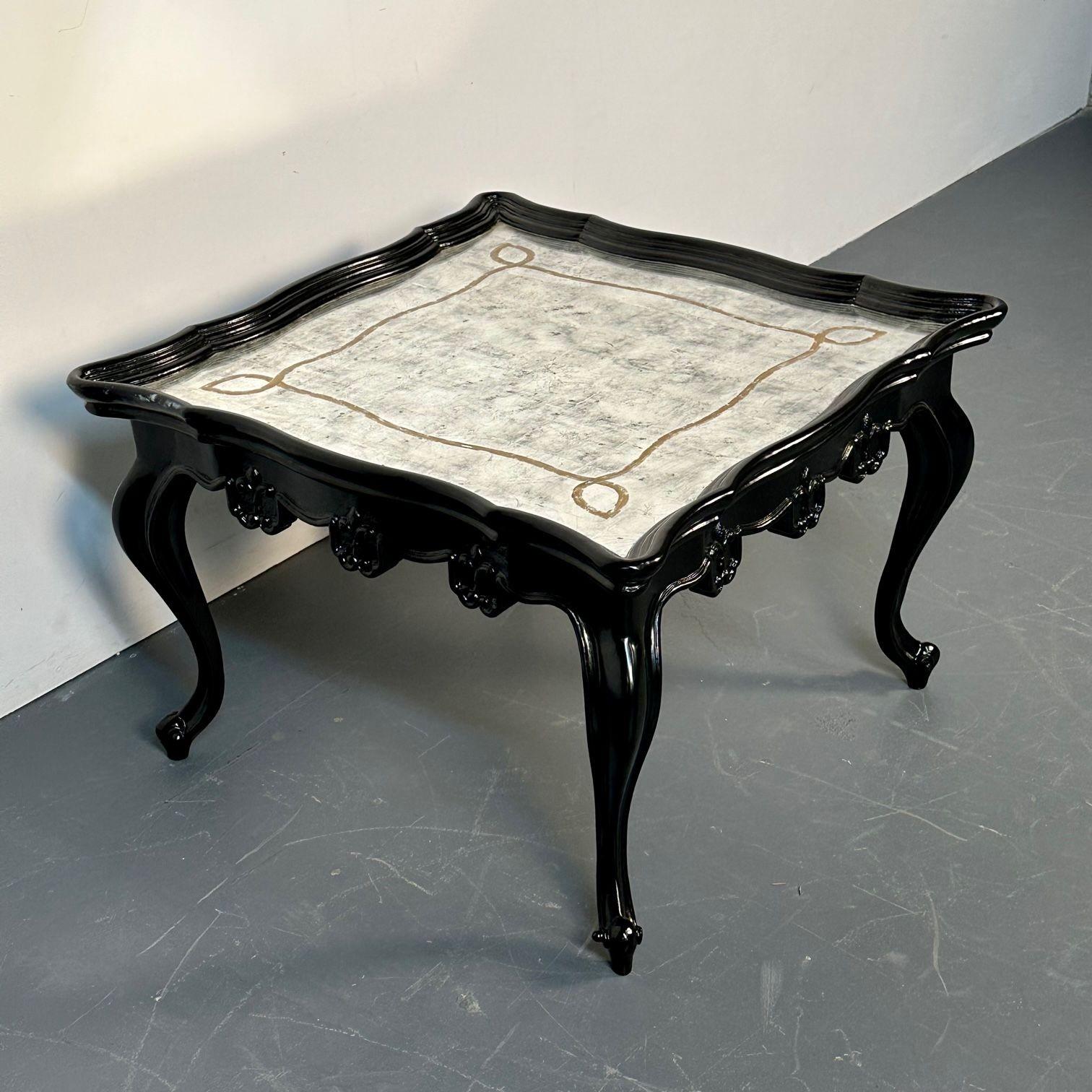 Ebony Hollywood Regency Style End / Side Table, Coffee or Cocktail Table by John Richard, Eglomise Mirror
Having a recently refinished ebony base this fine eglomise silver gilt table top, framed in ebony is simply stunning. A fine example of this