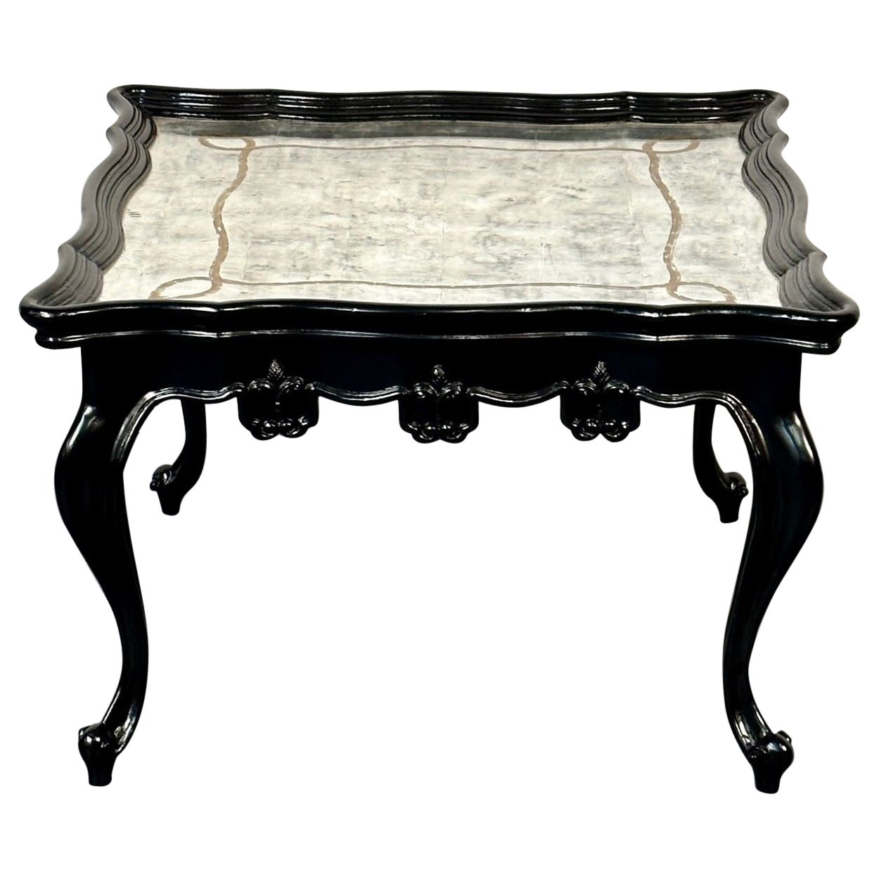 Ebony Hollywood Regency Coffee, Cocktail Table by John Richard, Eglomise Mirror