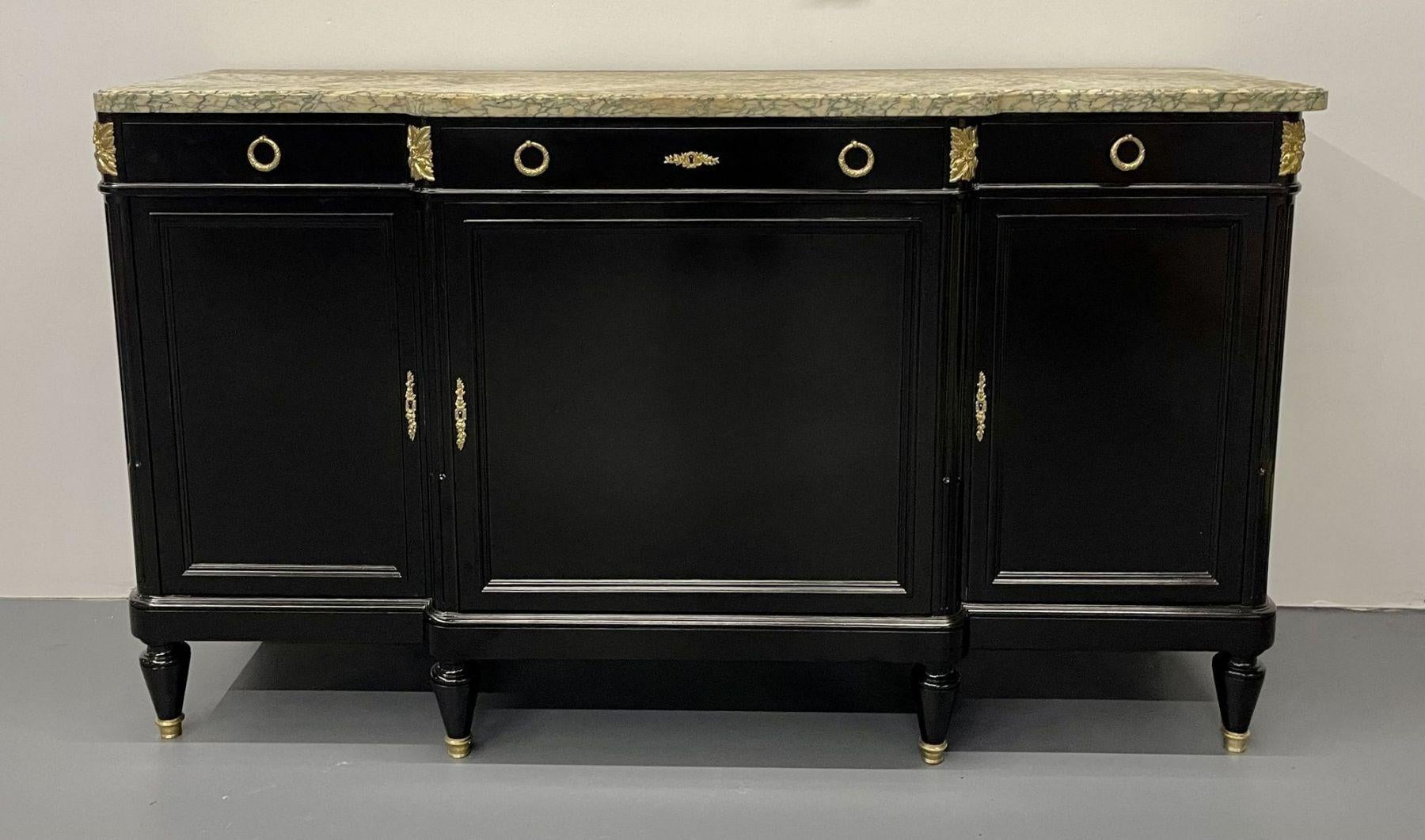 French Ebony Hollywood Regency Louis XVI Style Bronze Mounted Sideboard, Marble Top For Sale