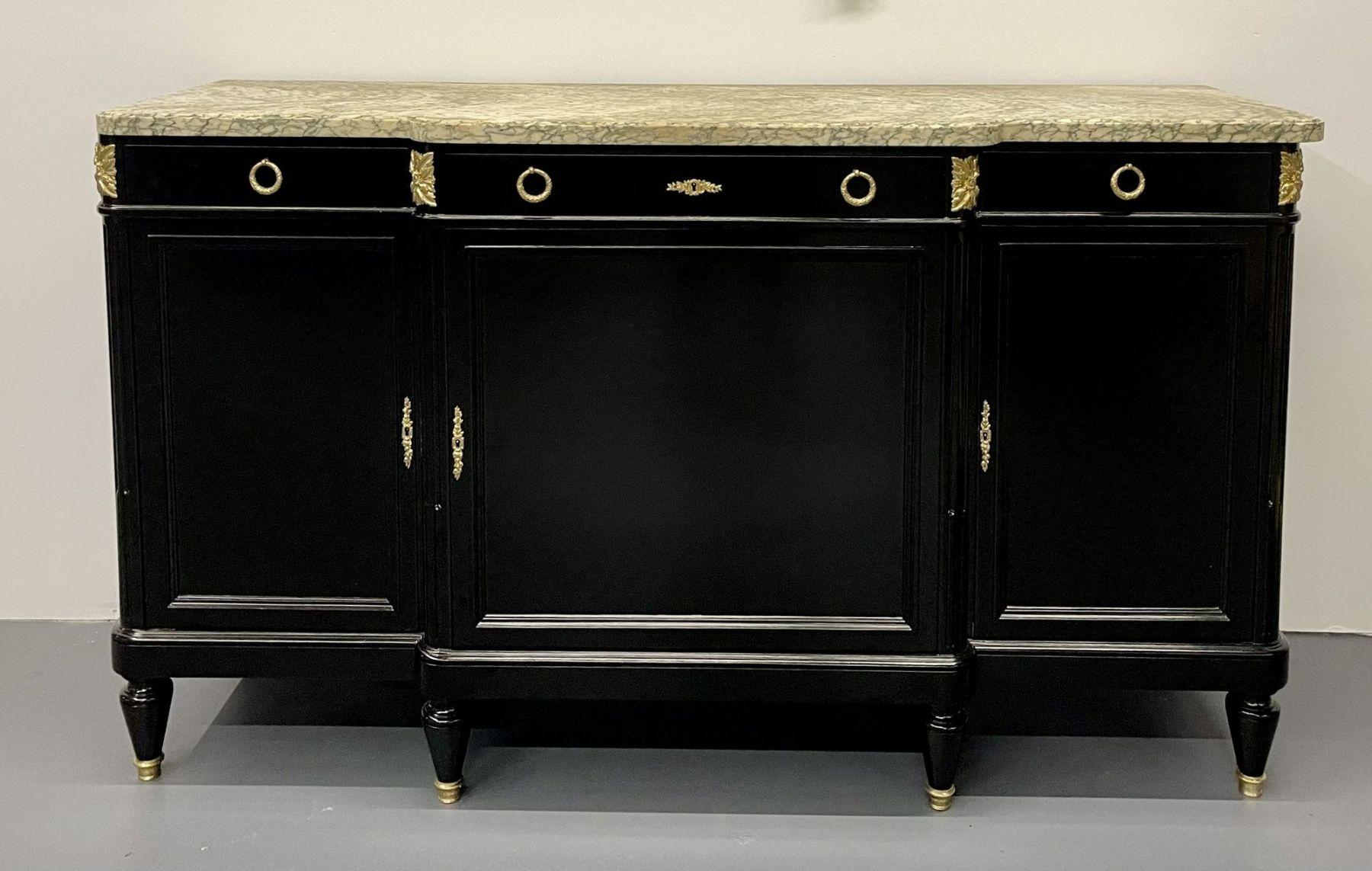 Ebony Hollywood Regency Louis XVI Style Bronze Mounted Sideboard, Marble Top In Good Condition For Sale In Stamford, CT