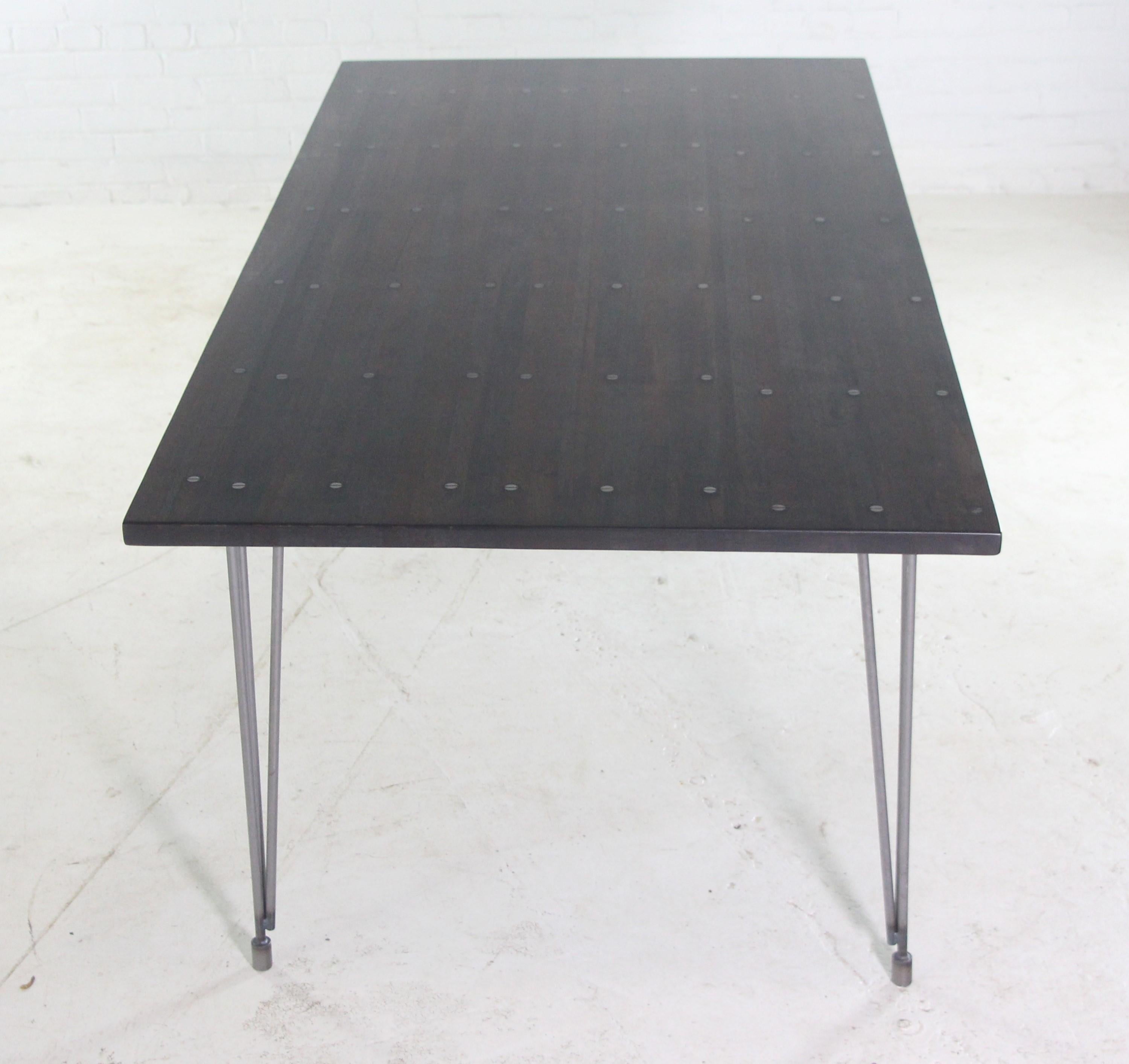 Ebony Industrial Flooring 6 ft Dining Table w Hairpin Legs In New Condition In New York, NY