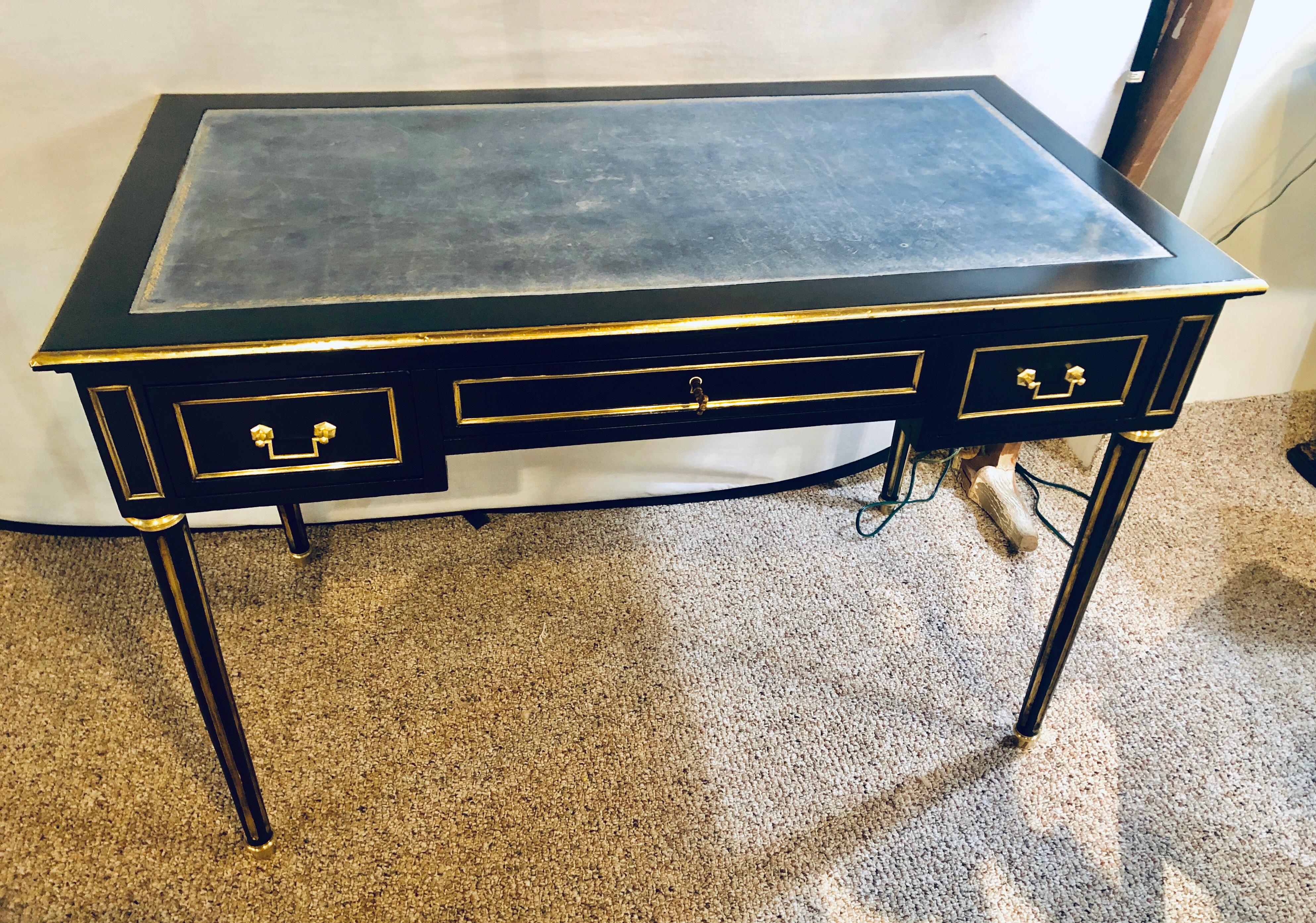 Ebony Hollywood Regency Bronze Mounted Writing Table or Desk In Good Condition In Stamford, CT