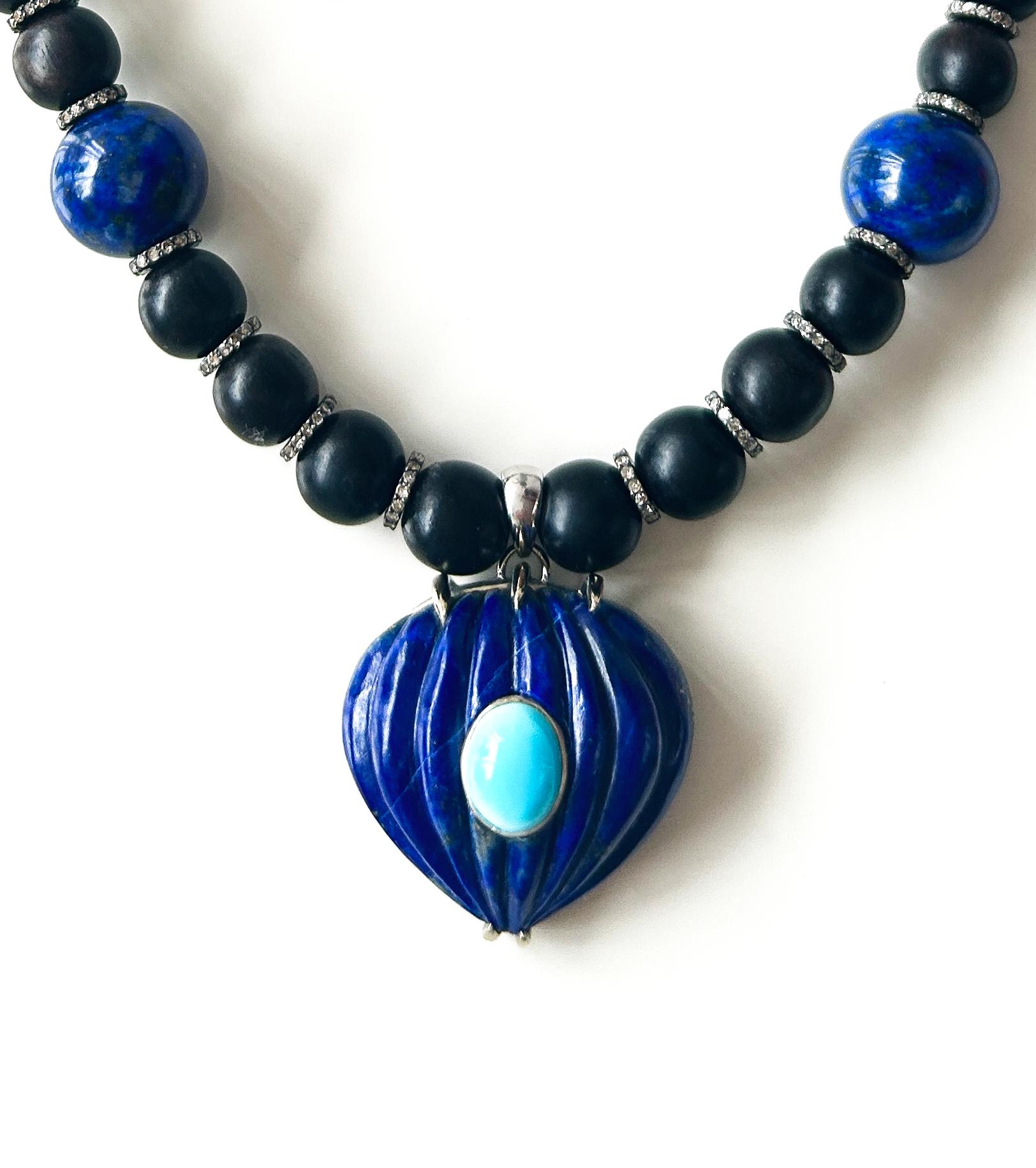 Cabochon Ebony, Lapis Lazuli, Turquoise & Diamond Necklace For Sale