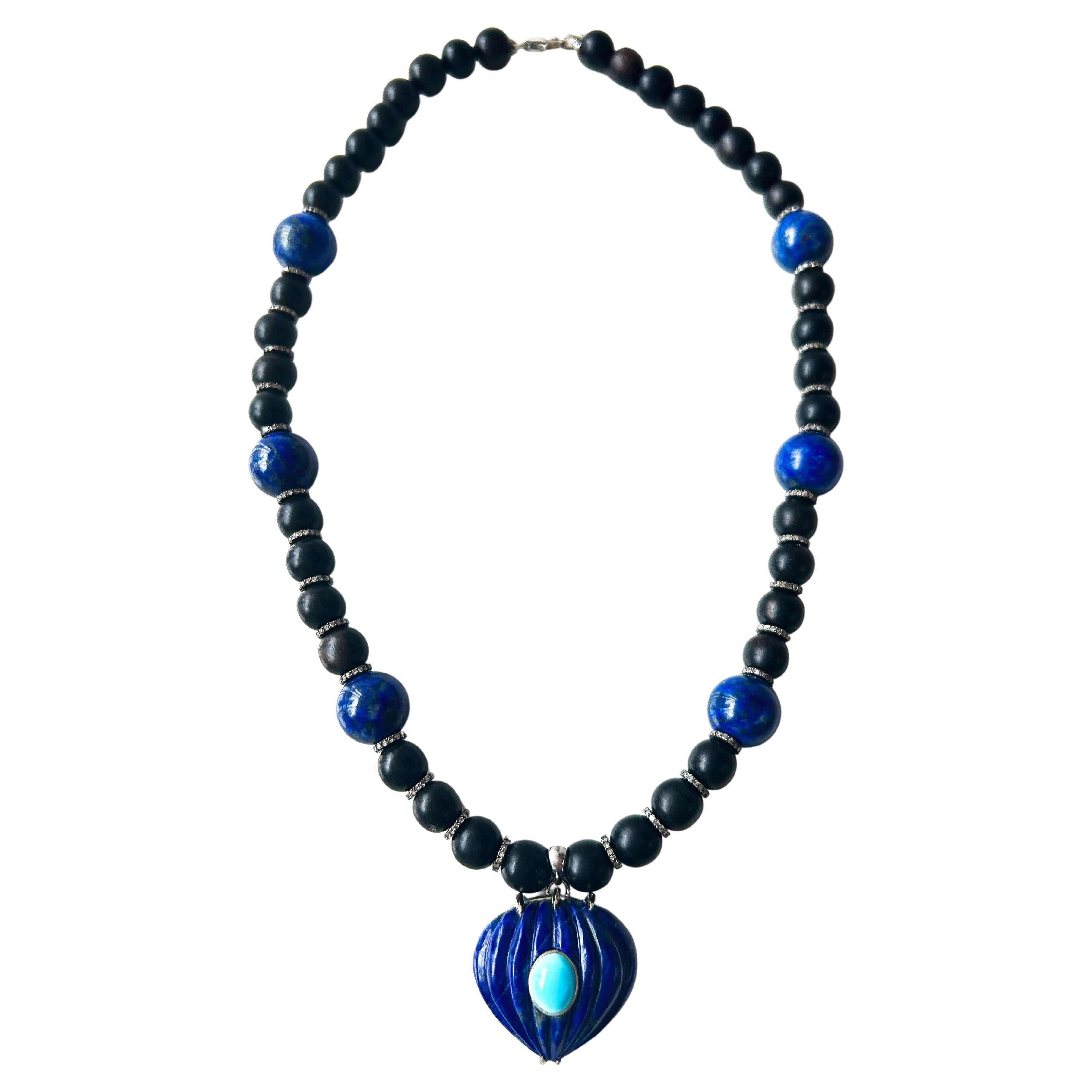 Ebony, Lapis Lazuli, Turquoise & Diamond Necklace For Sale
