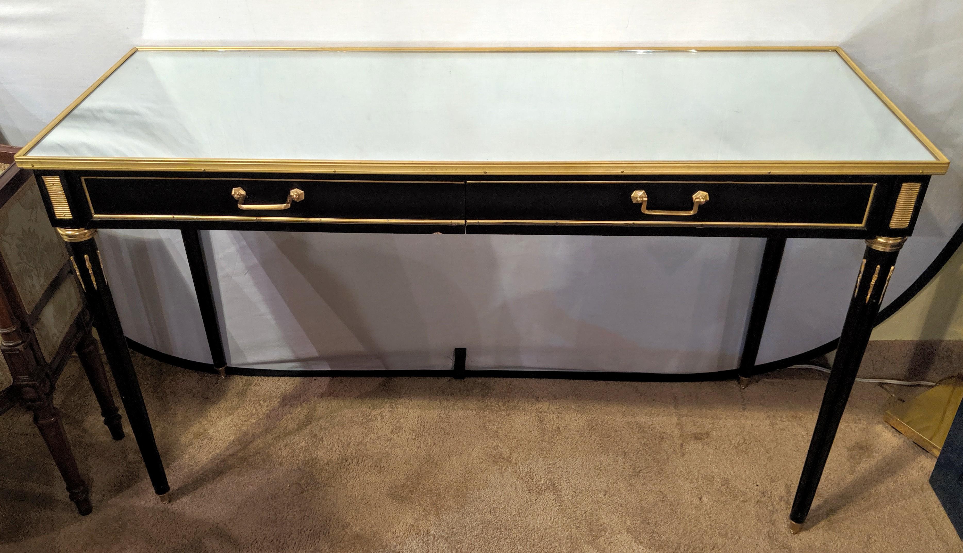 Ebony Maison Jansen Style Mirror Top Two-Drawer Consoles Table / Sideboards Pair In Good Condition In Stamford, CT