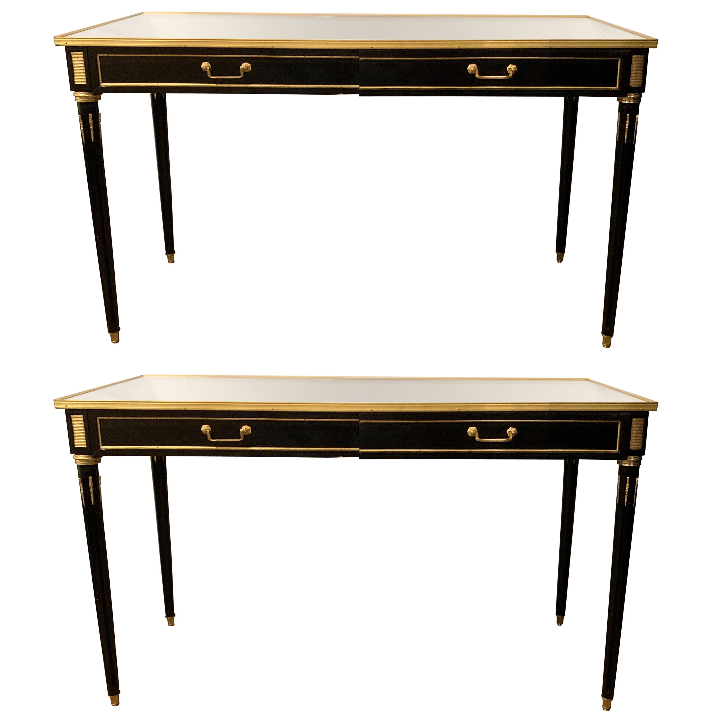 Ebony Maison Jansen Style Mirror Top Two-Drawer Consoles Table / Sideboards Pair