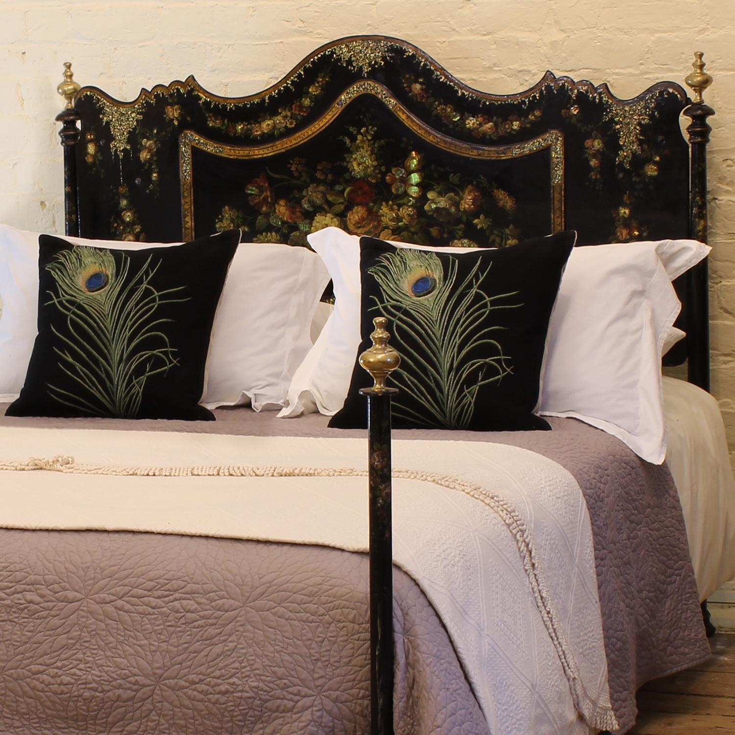 This magnificent ebony hand-painted bed with mother-of-pearl and gilt decoration dates from the early Twentieth Century and originates from England. An exceptional piece possibly commissioned for a particular home in the UK, this unusual bed has a