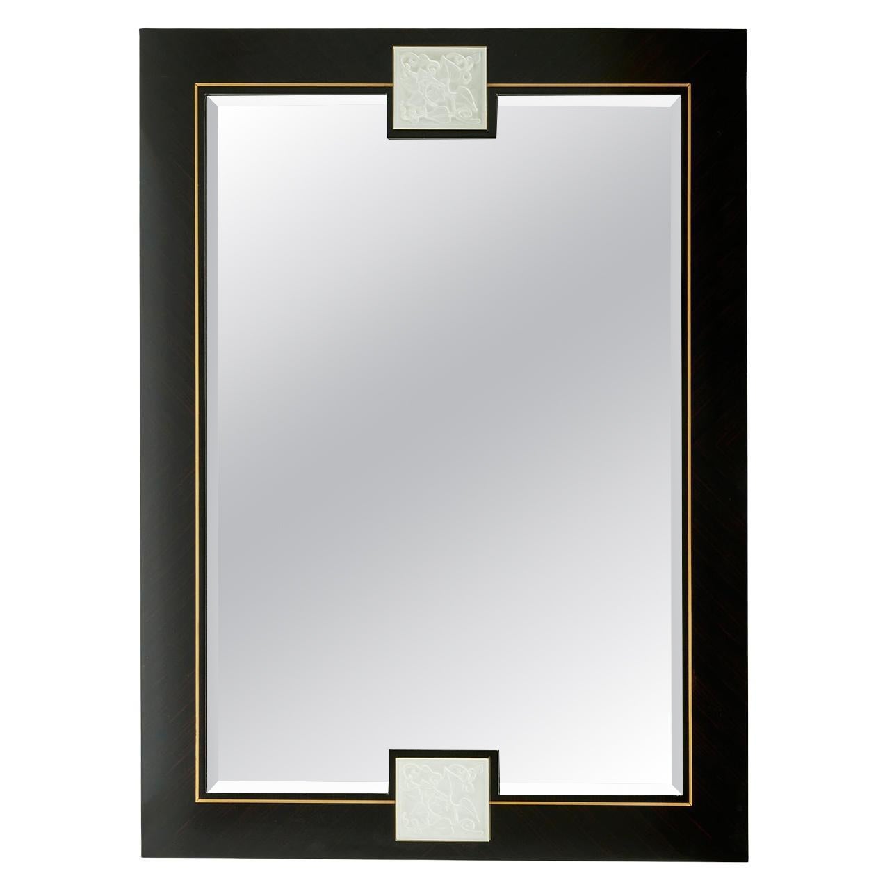 Ebony Rectangular Brass Details Wall Mirror For Sale