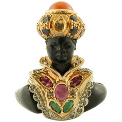 Ebony Ruby Emerald Sapphire, Coral, Diamonds, Rose Gold and Silver, Moretto Ring