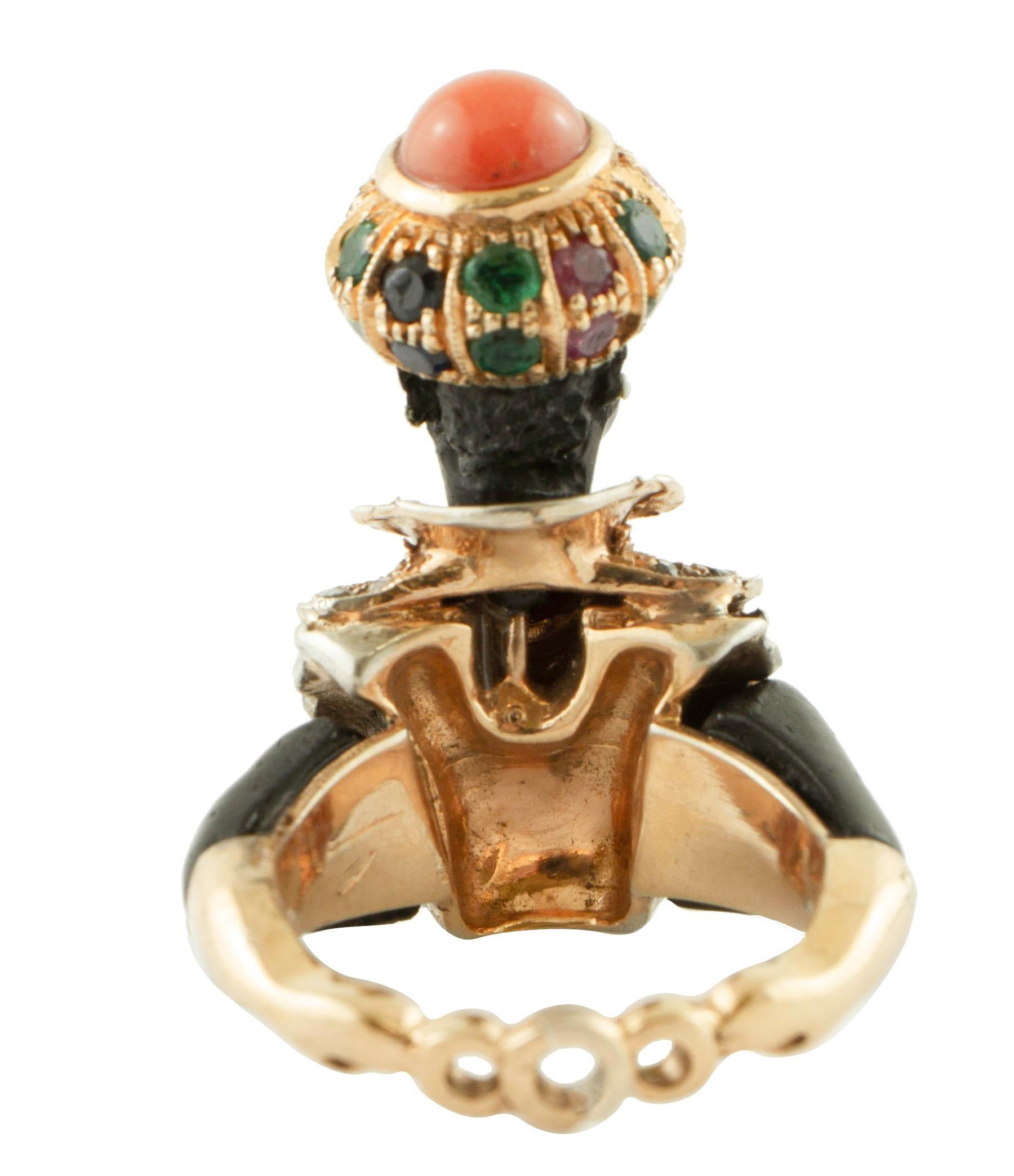Ebony Ruby Emerald Sapphire, Coral, Diamonds, Rose Gold and Silver, Moretto Ring In Good Condition In Marcianise, Marcianise (CE)