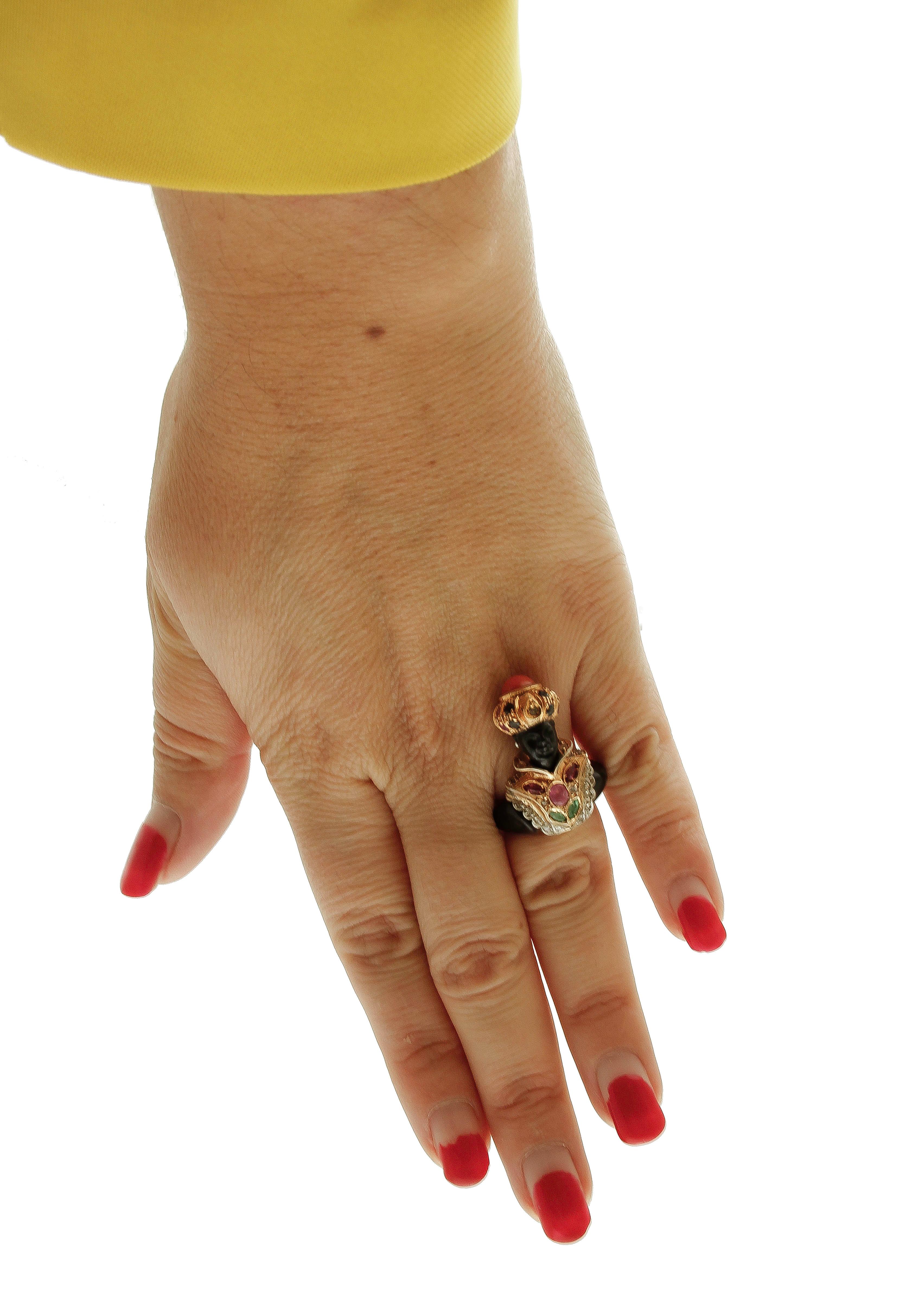 Ebony Ruby Emerald Sapphire, Coral, Diamonds, Rose Gold and Silver, Moretto Ring 1