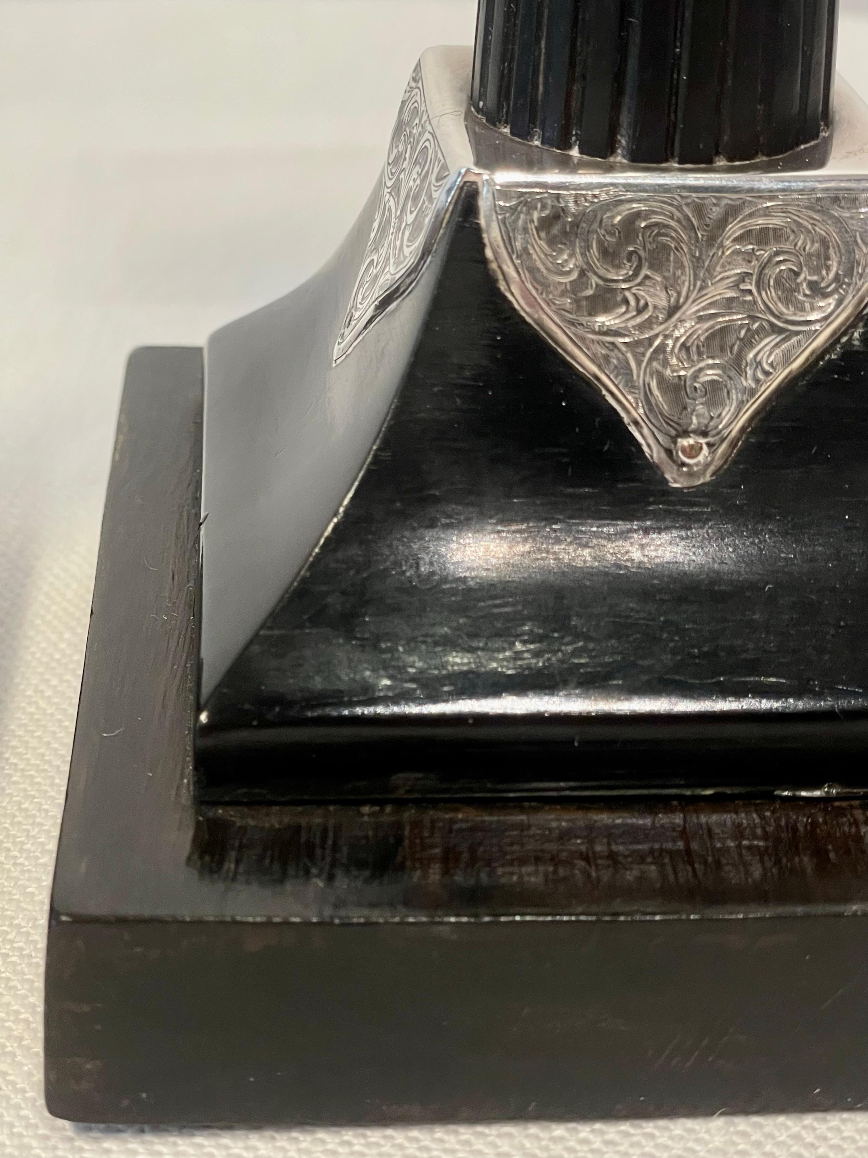 Neoclassical Revival Silver-Mounted Ebony Candlesticks