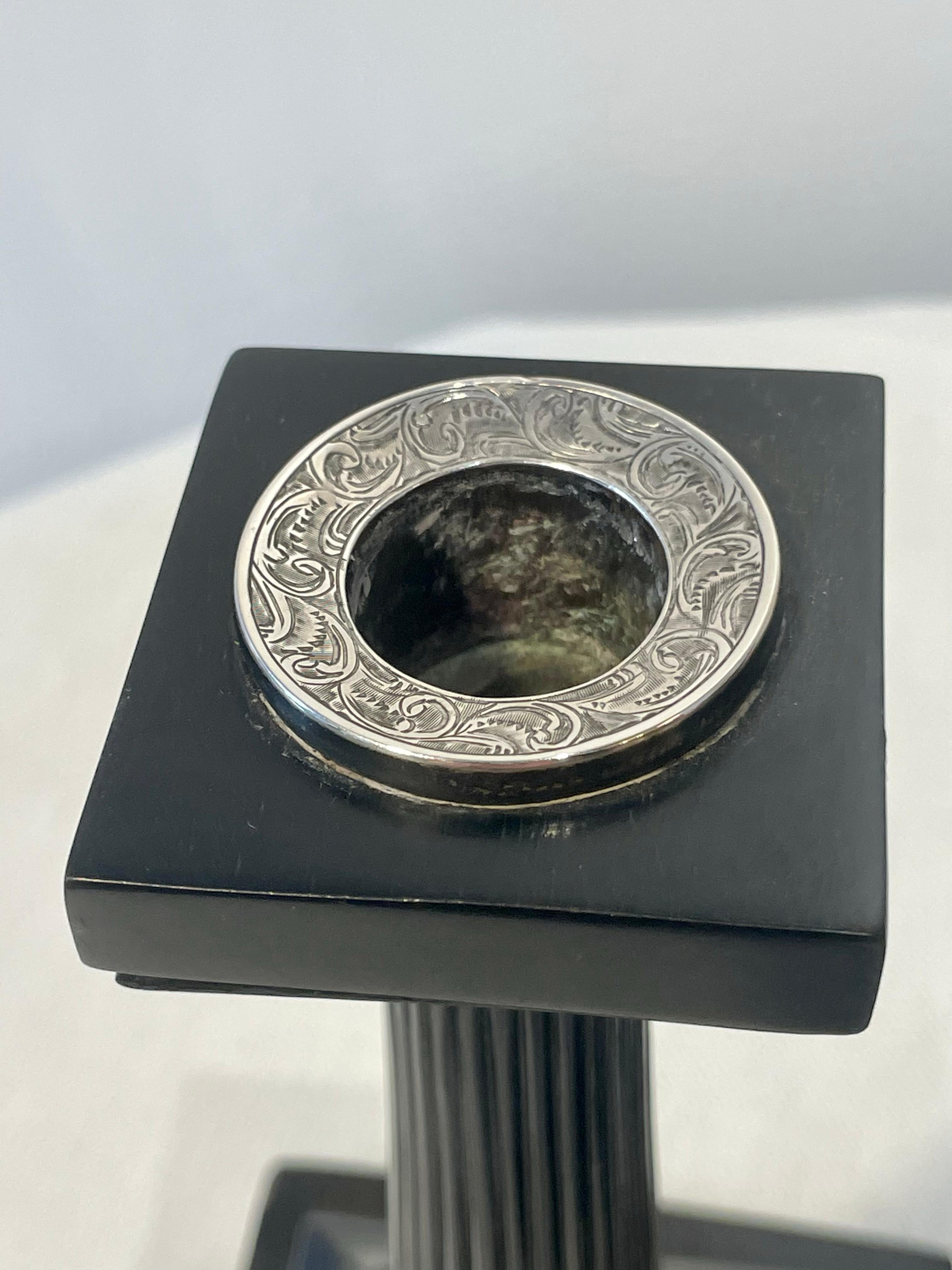 English Silver-Mounted Ebony Candlesticks