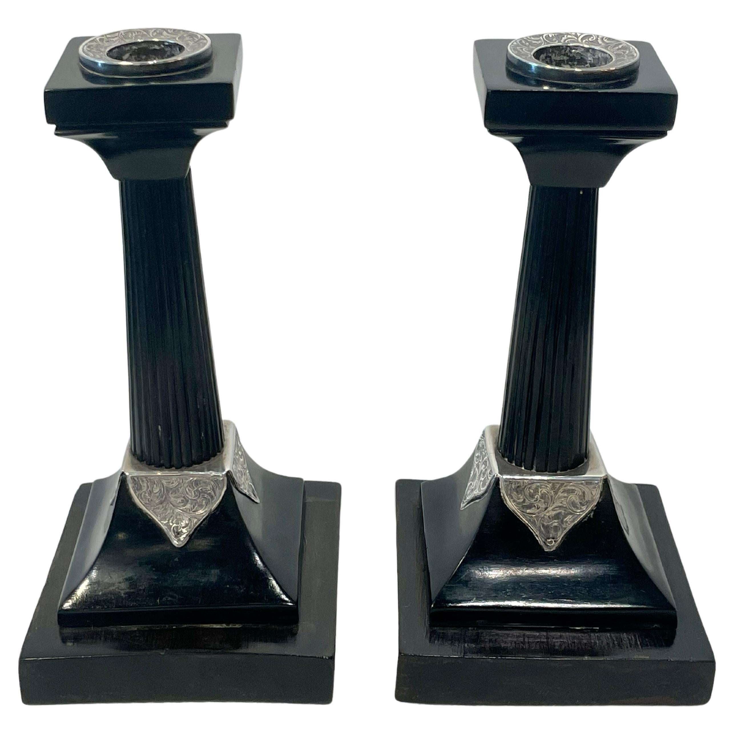 Silver-Mounted Ebony Candlesticks For Sale
