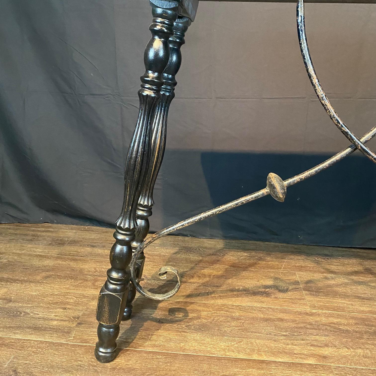 Ebony Spanish Console Table or Sofa Table with Carved Top and Iron Stretchers For Sale 3