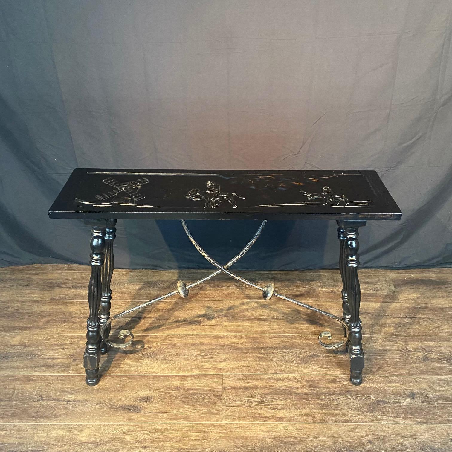 Ebony Spanish Console Table or Sofa Table with Carved Top and Iron Stretchers For Sale 4