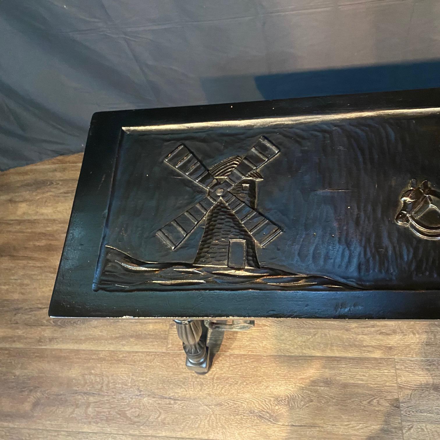 Spanish Colonial Ebony Spanish Console Table or Sofa Table with Carved Top and Iron Stretchers For Sale