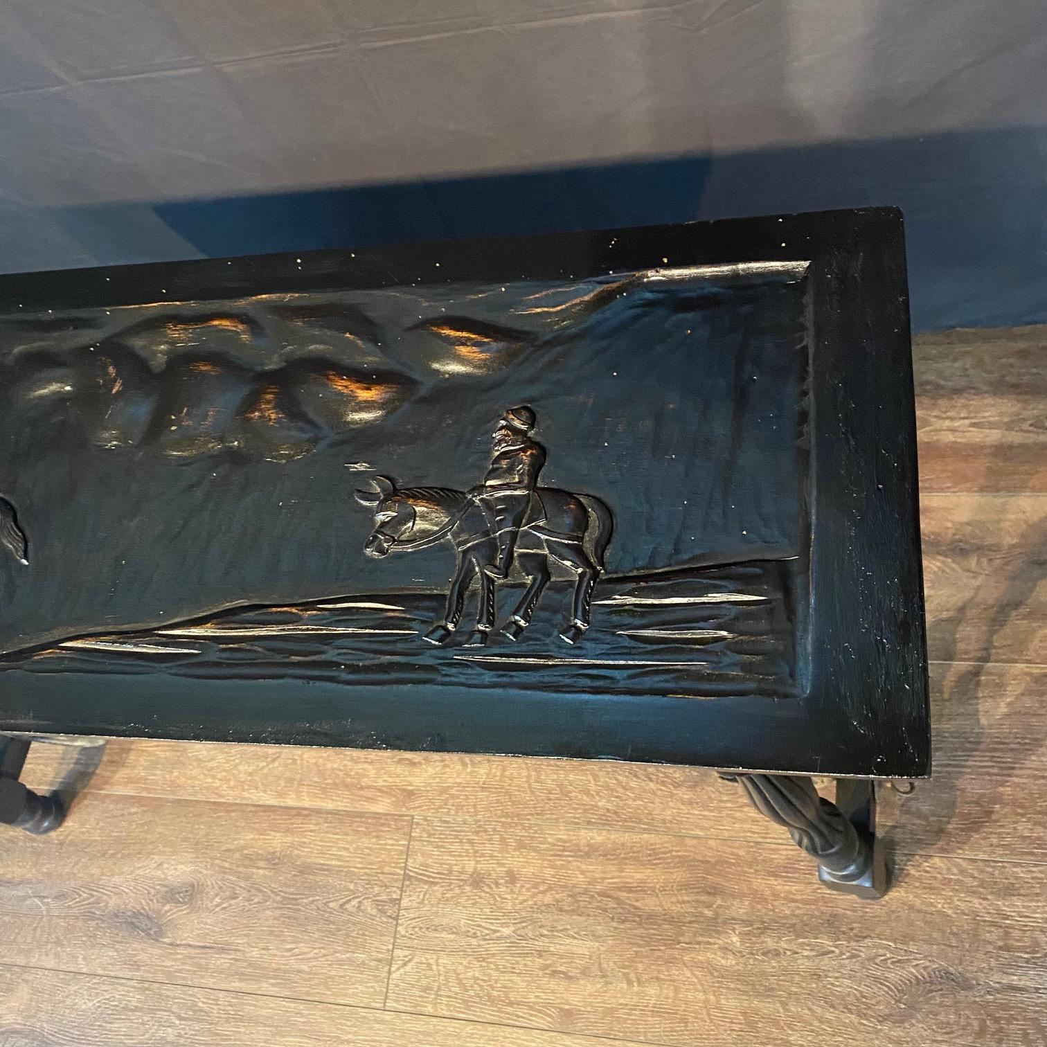 Ebonized Ebony Spanish Console Table or Sofa Table with Carved Top and Iron Stretchers For Sale