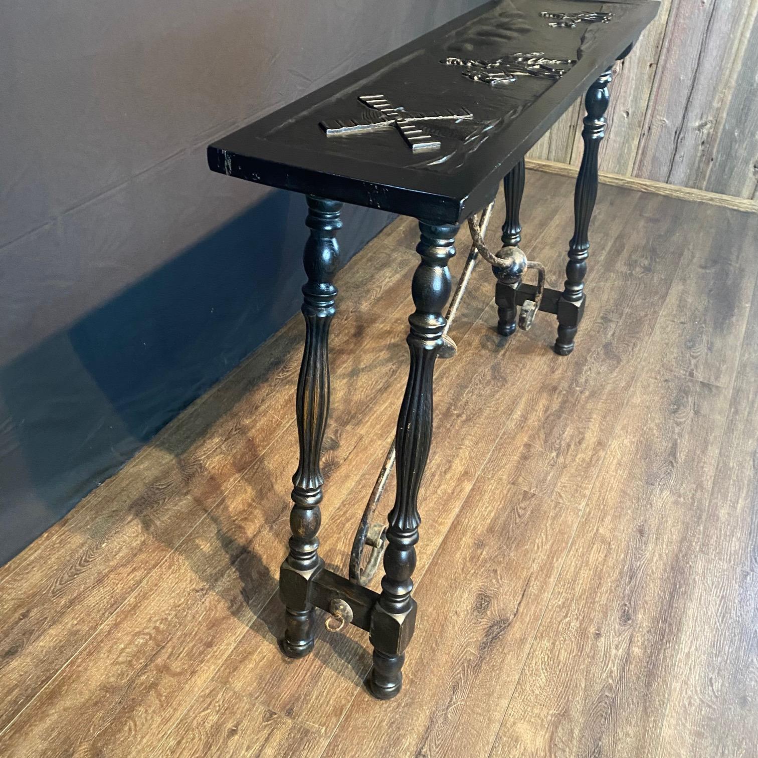 Ebony Spanish Console Table or Sofa Table with Carved Top and Iron Stretchers In Good Condition For Sale In Hopewell, NJ