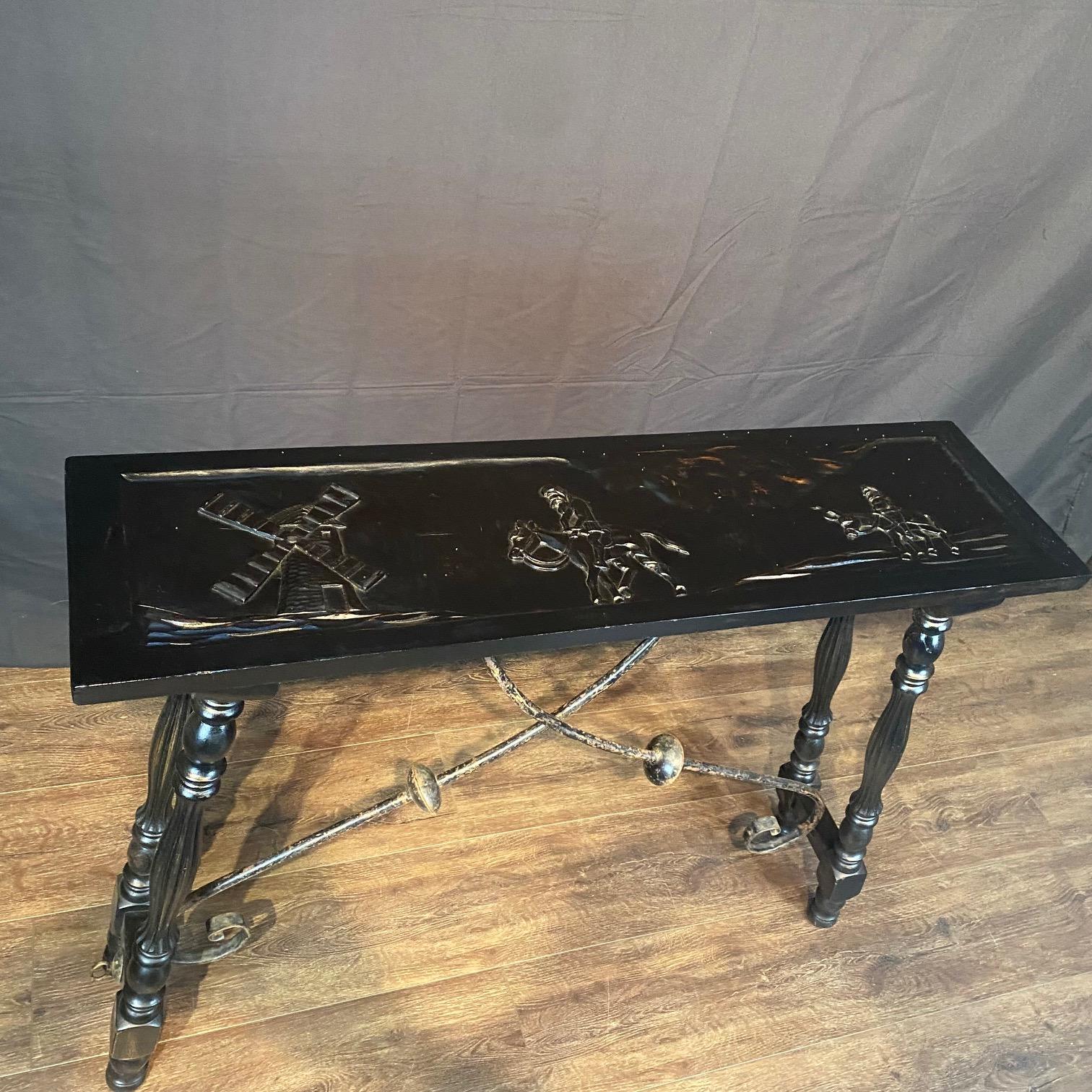 Wood Ebony Spanish Console Table or Sofa Table with Carved Top and Iron Stretchers For Sale